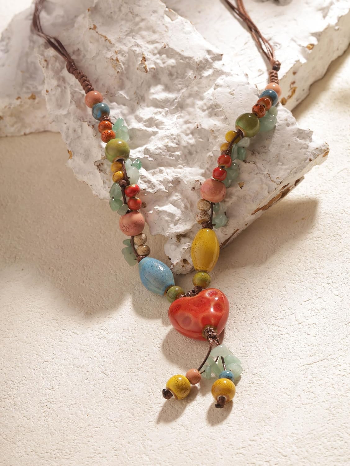 MINACHI Boho Multicolor Ceramic Heart Bead Long Y Shaped Necklace for Women, Vintage Bohemian Hippie Summer Jewelry Gift