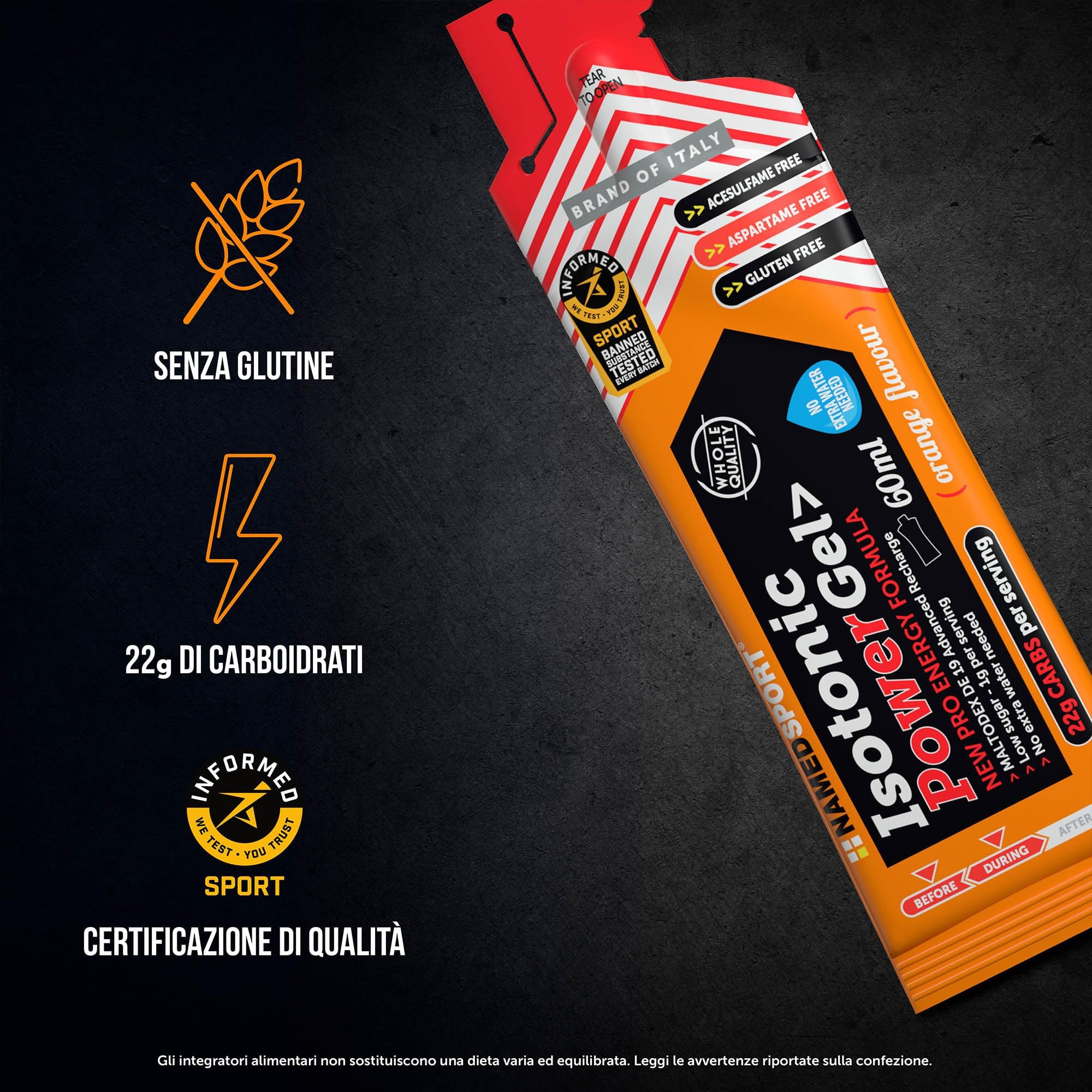NAMEDSPORT ISOTONIC POWER GEL Orange, Gel Energetico Isotonico 60ml, Ricarica Energetica Istantanea con 22g di Carboidrati, Ideale per Sport di resistenza, Confezione da 24