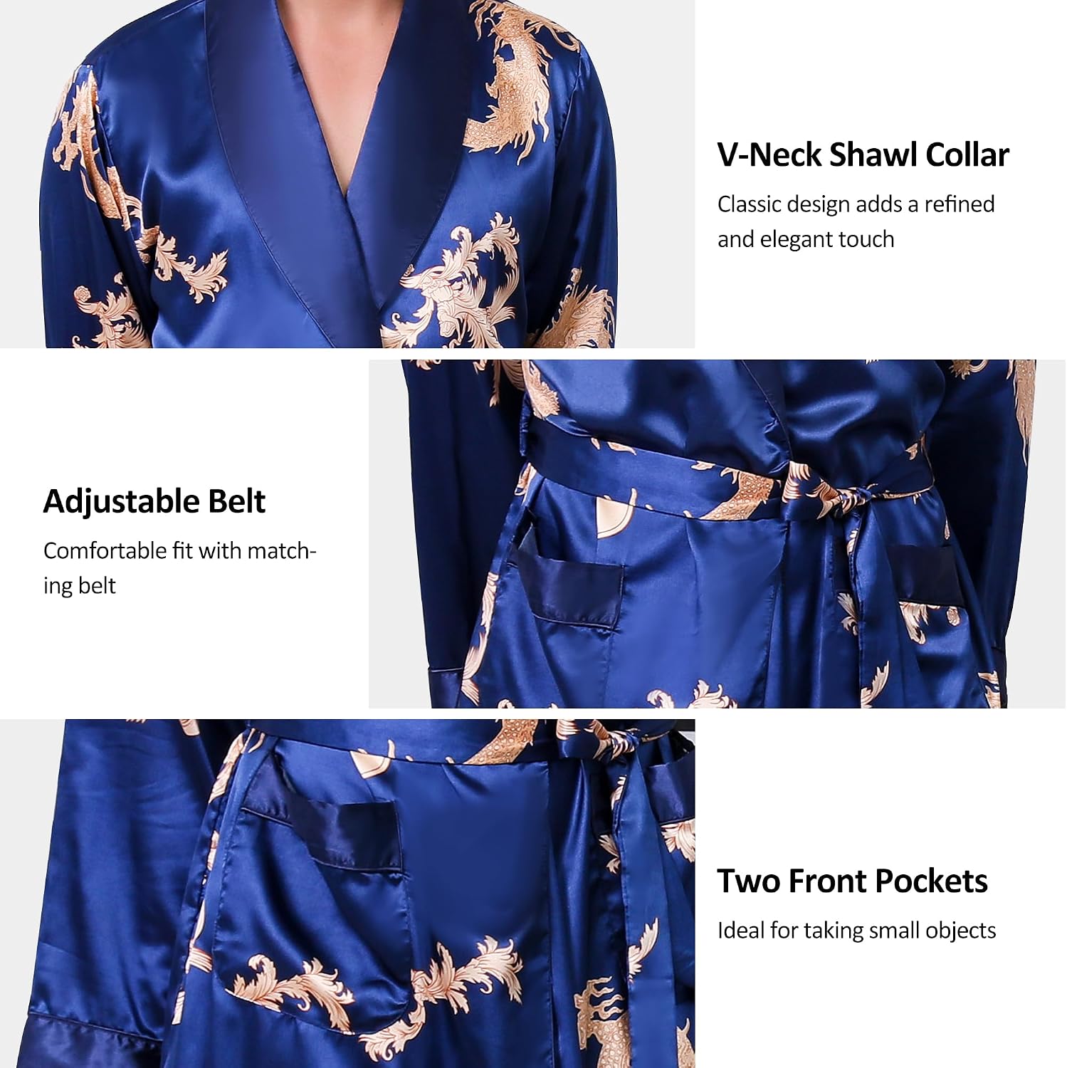 Haseil Men's Satin Robe Dragon Luxurious Silk Spa Long Sleeve House Kimono Bathrobe