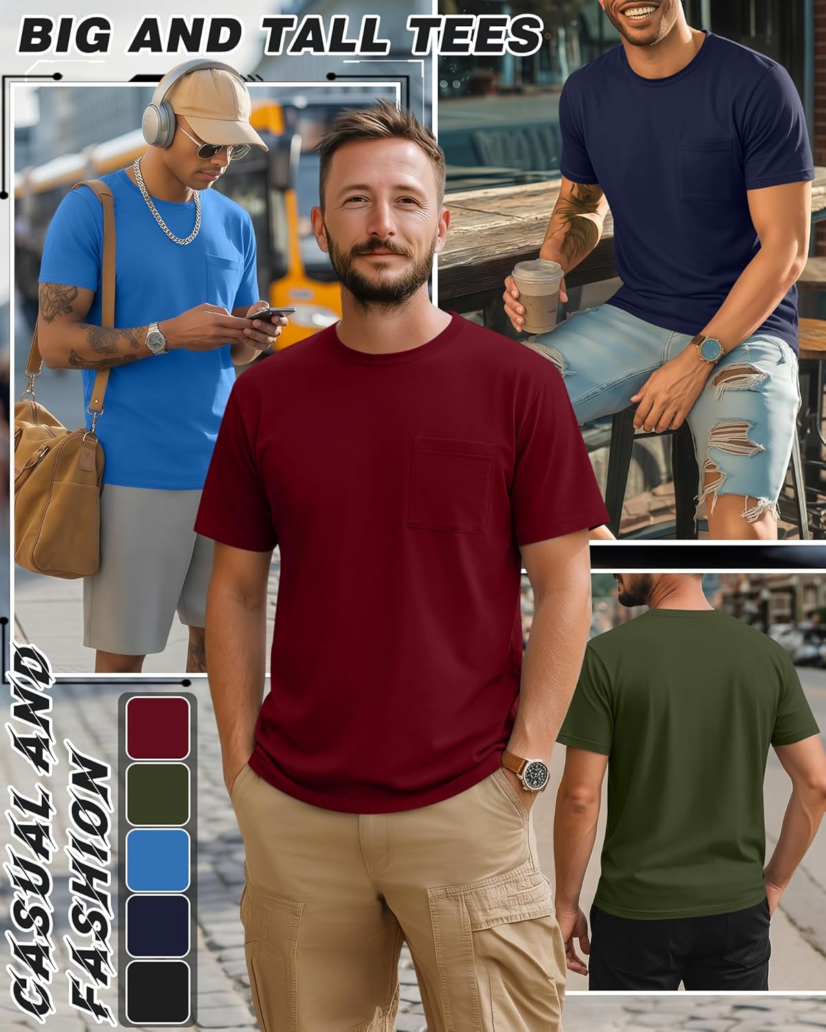 Neer 5 Pack Men's Big and Tall Pocket T-Shirt Crew Neck Short Sleeve Shirt Slim Fit Lightweight Top Casual Basic Tee