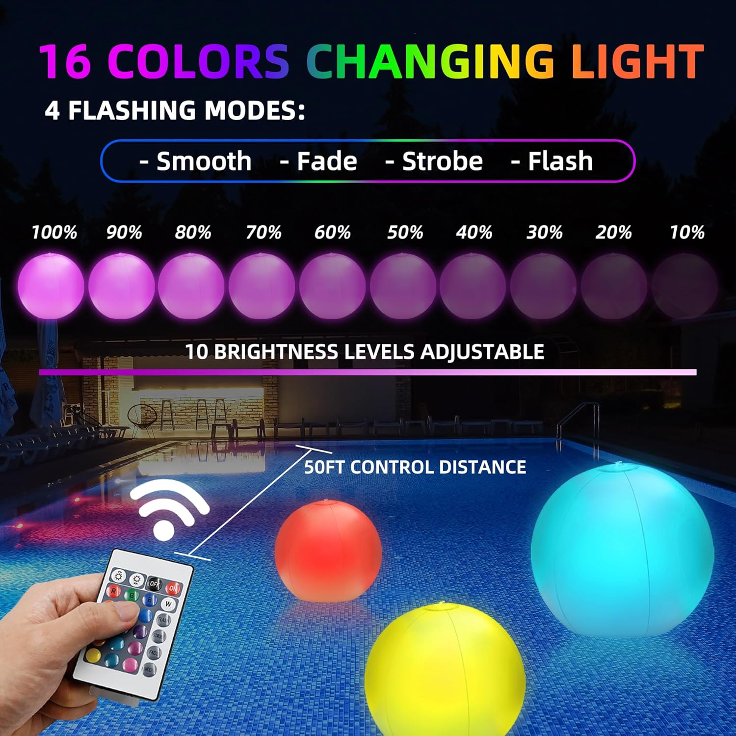 4 Pack Light-Up Beach Balls, 16” Glow-in-the-Dark Inflatable Pool Toys, Floating Balls with 16 Colors and 4 Lighting Modes, Perfect for Kids' Outdoor and Indoor Games, Swimming Pool Party Decorations