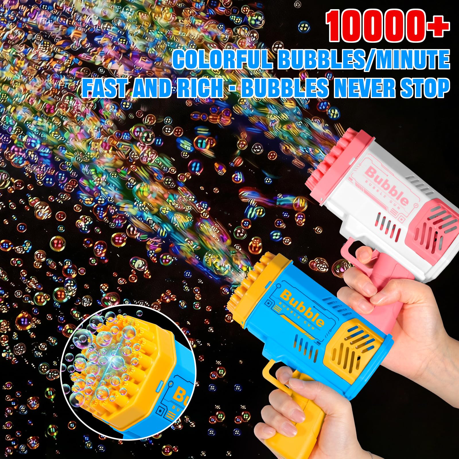 Pistola de Burbujas para Niños, Automática Máquina de Burbujas de Jabón 10000+ Pompas/Min, Máquina Automática de Burbujas Silencioso con Luces para Fiestas Verano Al Aire Libre Regalo Boda