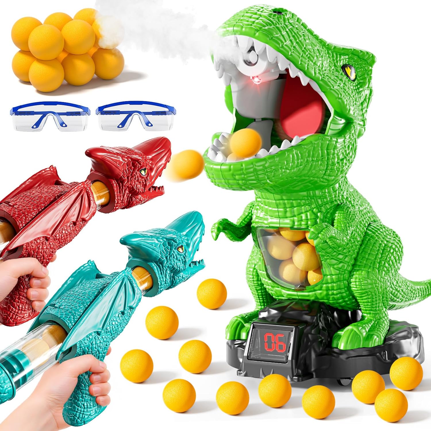 Dinosaur Shooting Toys for Kids 3-5, Moveable Shooting Game with 2 Air-Pump, 36 Balls Toys, Scoreboard, Light and Sound, Competitive Game Birthday Gift for Boys and Girls Ages 3 4 5 6 7 8 Green-double Shooting