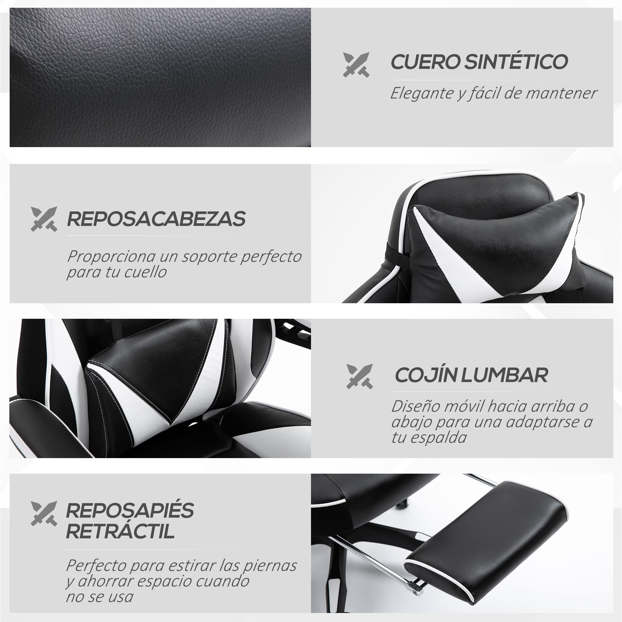 Vinsetto Silla Gaming Regulable en Altura 65x70x118,5-128,5 cm Blanco | Ergonómica, Silla de Escritorio de Oficina, Respaldo Reclinable, Reposapiés, Reposacabezas, Cojín Lumbar, Ruedas