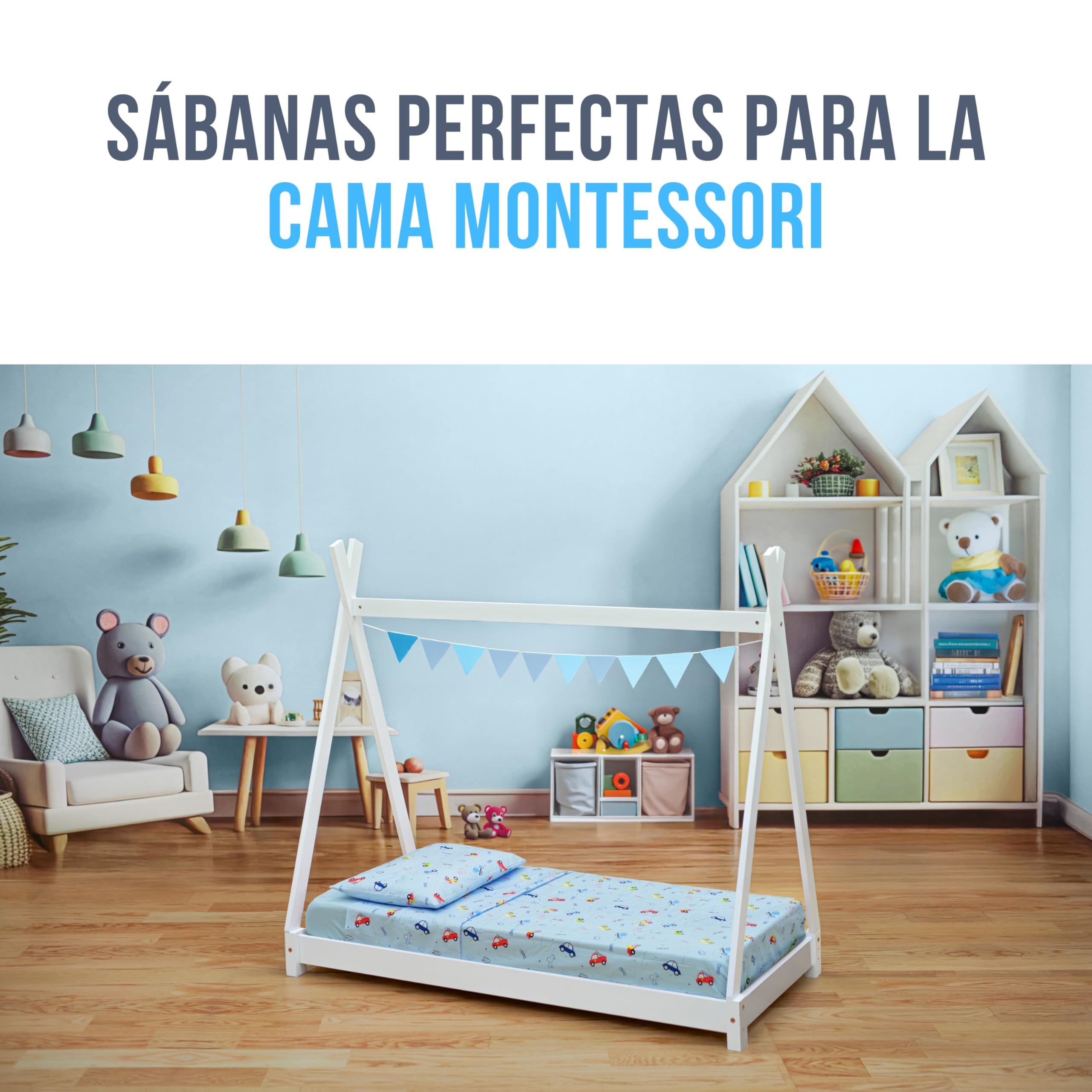 GOYSILA Juego De Sábanas Montessori para Cama 70x140 Cm 1 Sábana Bajera Ajustable 1 Sábana Encimera 1 Funda De Almohada 100% Algodón Oeko-Tex Diseño Coches Ropa De Cama Infantil para Maxicuna