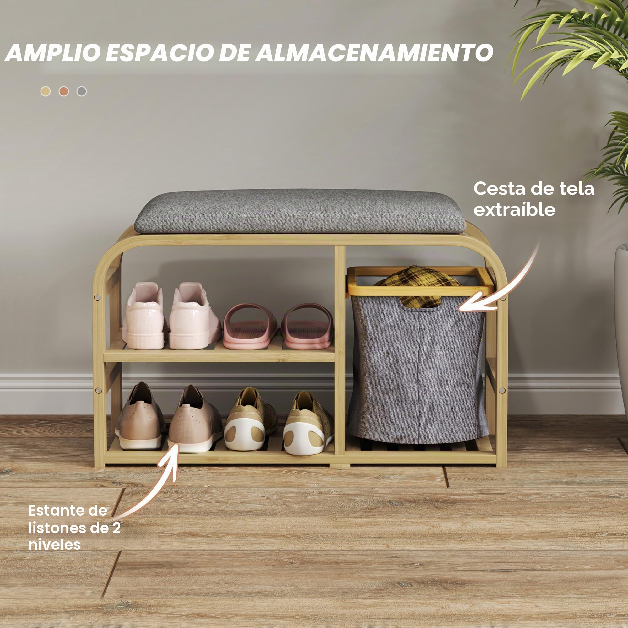 HOMCOM Banco zapatero de bambú con cojín, cesta extraíble, madera natural | Banco de entrada, zapatero, 2 estantes de listones, pasillo, sala de estar