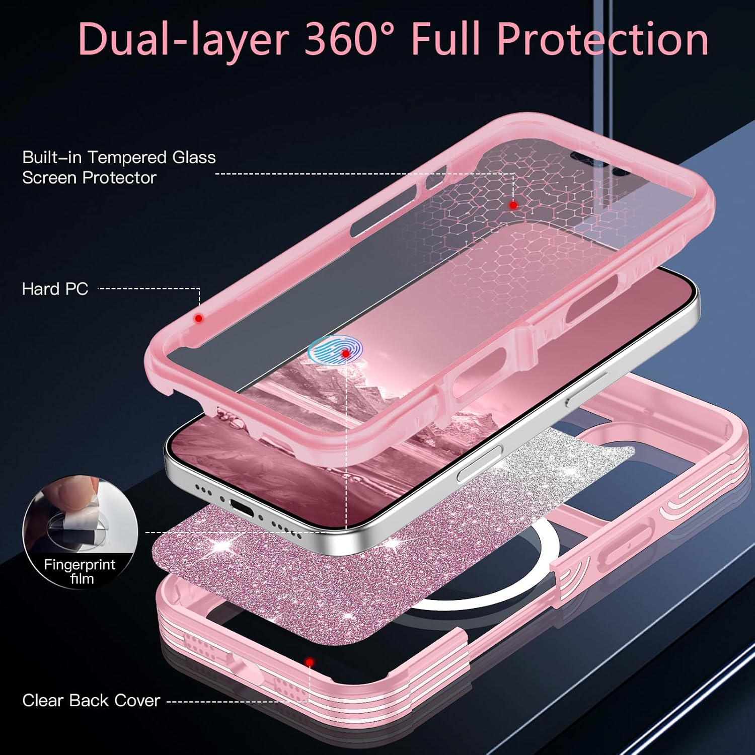 for iPhone 16 Pro Max Case,Compatible with MagSafe,Magnetic Glitter Case Built-in 9H Tempered Glass Screen Protector,Shockproof Protective Case for Samsung iPhone 16 Pro Max,Pink - Image 3