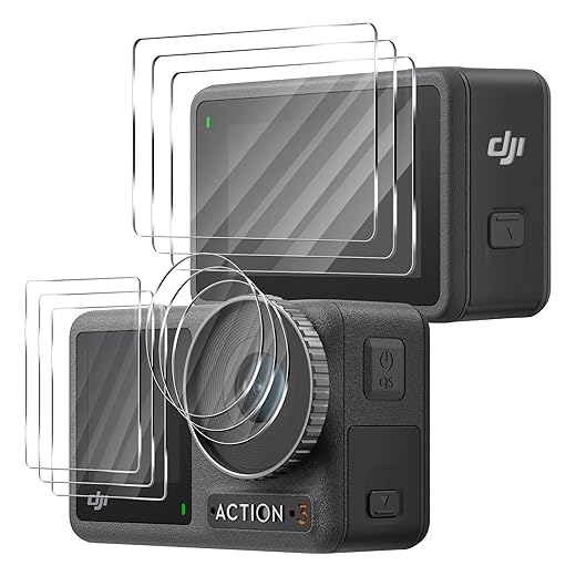 Orzero (3+3+3 Tempered Glass Protector Compatible for DJI OSMO Action 3 Camera, 3PCS Front and Back Screen Protector, 3PCS Lens Film 2.5D Arc Edges Anti-Scratch HD Bubble-Free