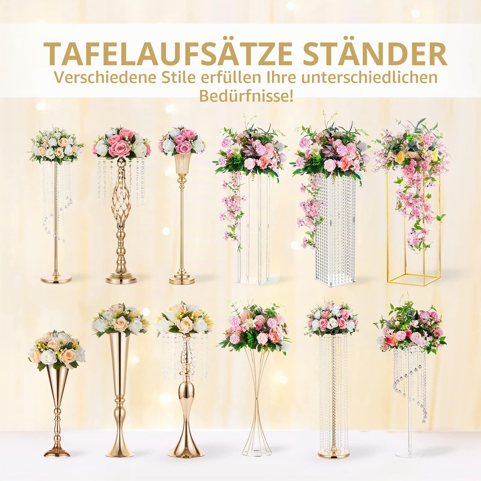 NUPTIO 6 Stück Künstliche Blumenstrauß, 15 Köpfe Kunststoff Rosen mit Sockel, Geeignet für Unser Geschäft Hochzeit Herzstück Blumenregal für Parteien Valentinstag Dekoration(Reines Weiß)