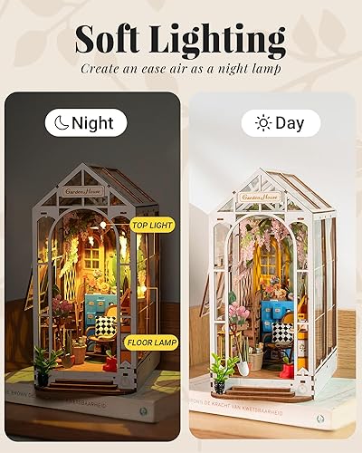 Miniatura 8 de Rolife Kit de Manualidades Rincón del Libro, Separador de Libros Rompecabezas 3D de Madera de 24 cm, Kit de Casa en Miniatura con Muebles y Luz LED,