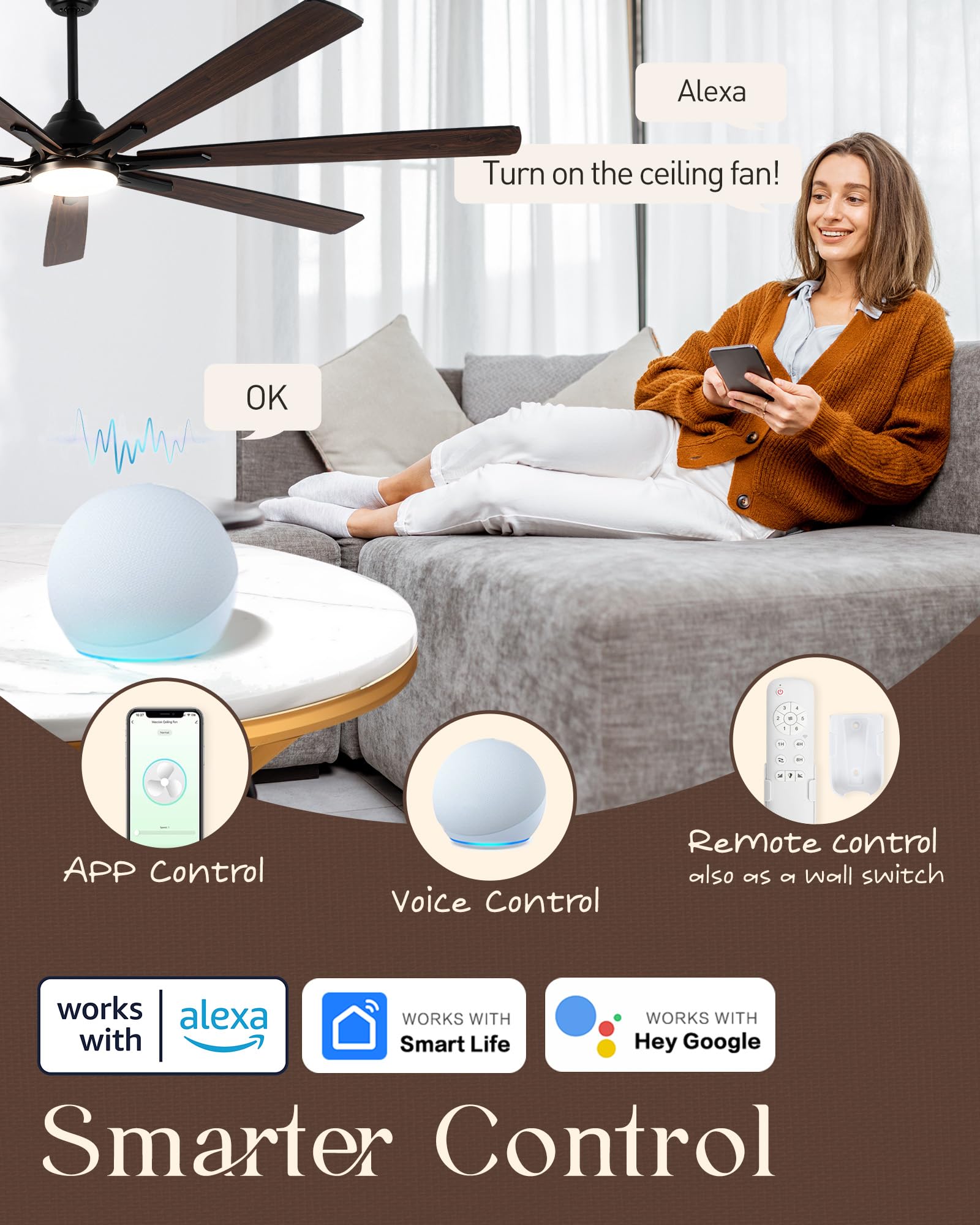 72 Large Smart Ceiling Fan with Light Remote Control via WiFi Alexa 6-Speeds Quiet DC Motor Dimmable Indoor — view 2