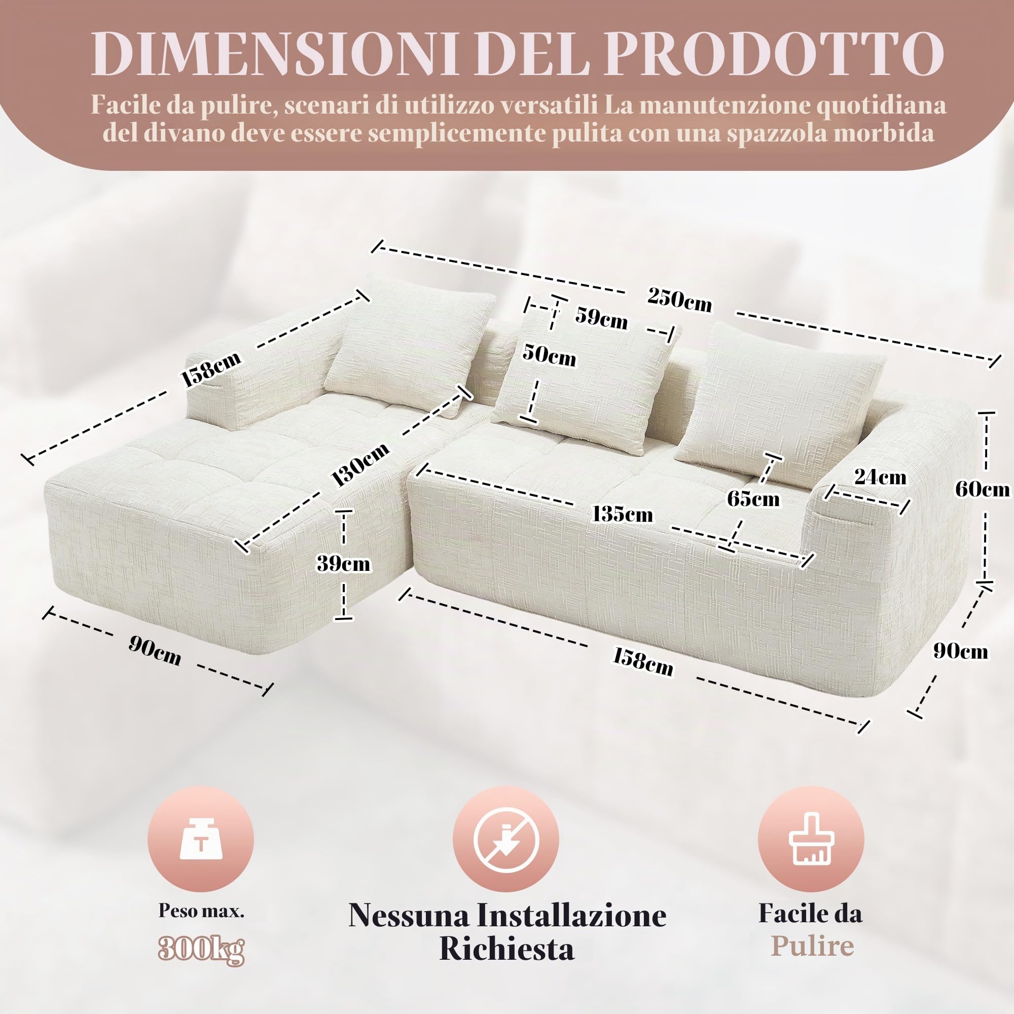 Divano moderno componibile, divano a L, divano a 3 posti con chaise longue e braccioli, 3 cuscini, tasca laterale per telecomando, divani in ciniglia, Beige