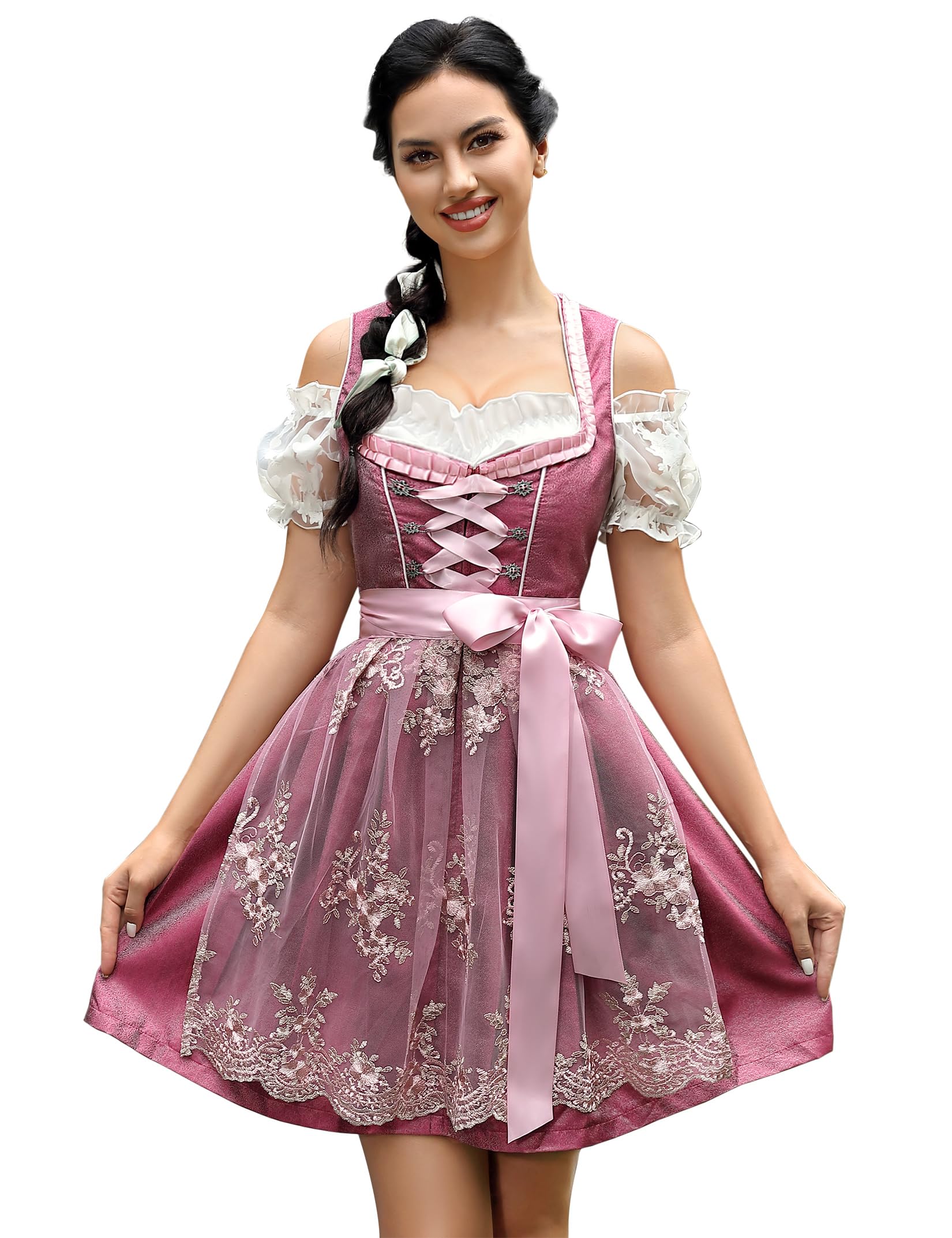 KOJOOIN Abito Donna Dirndl Bavaria Oktoberfest Set 3 Pezzi Camicia e Grembiule Dirndl Manica Corta Grembiule Bavarese Oktoberfest Cameriera Abiti da Festa