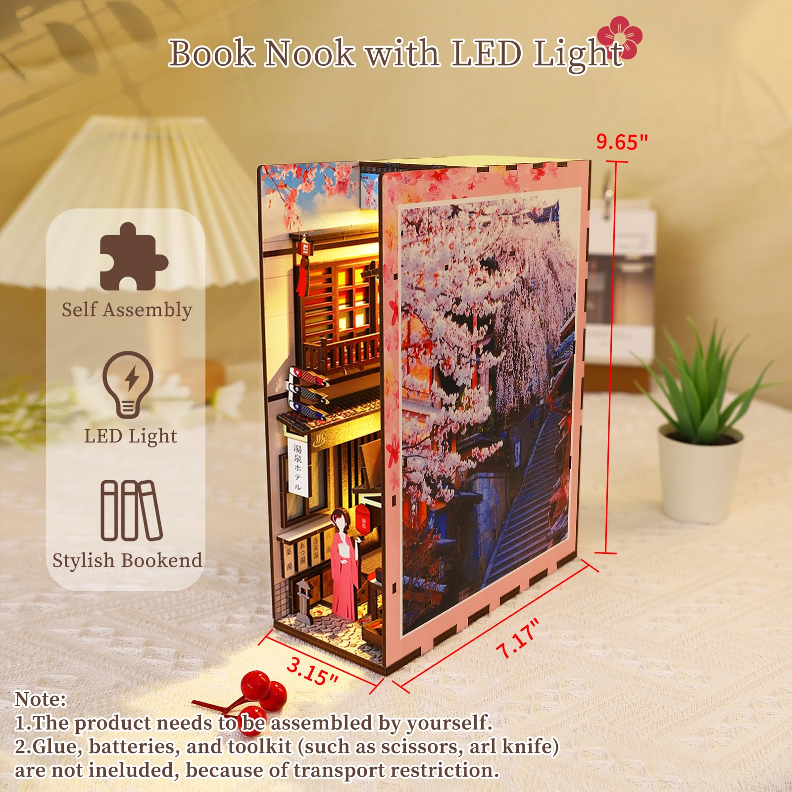 DIY Book Nook Kit Sakura 3D Wooden Puzzle for Adults, Bookshelf