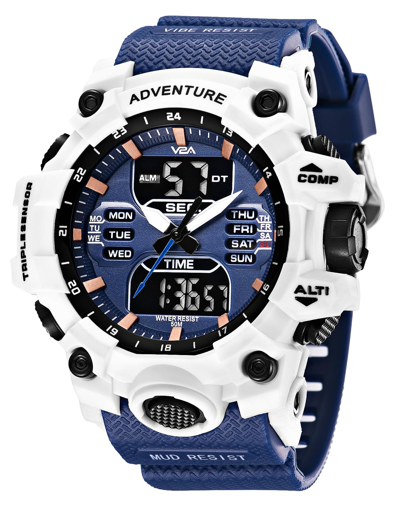 V2A Bold & Big Dial Analog-Digital Sports Watch for Men | Multifunction Military Wristwatch | Gift for Men Blue-White