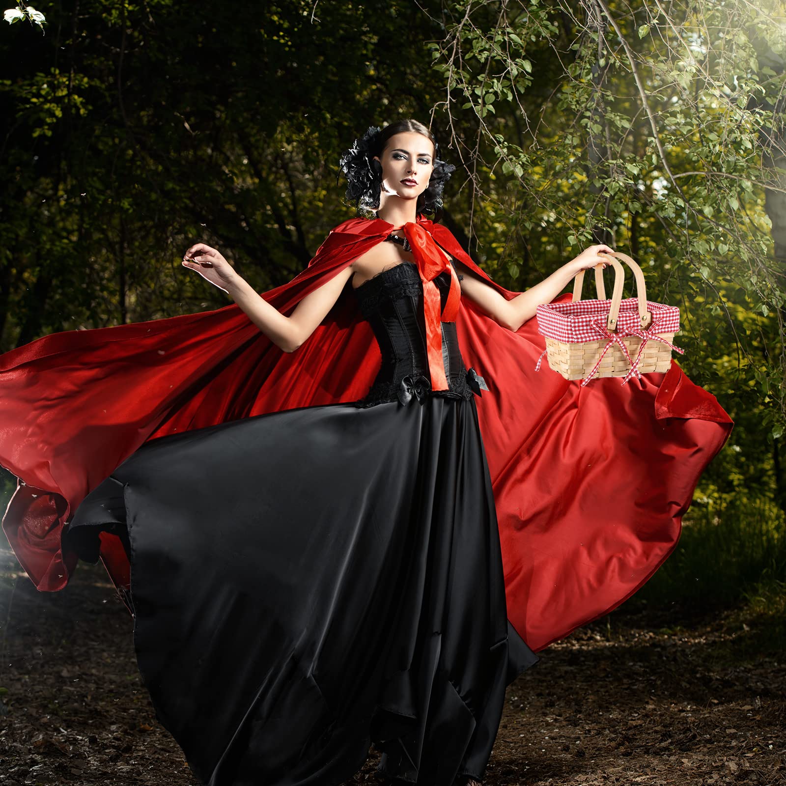 black dress red cape costume Hicarer Riding Hooded with Picnic Basket Gingham Lining Red Cape Long Velvet Hooded Cloak with Basket for Halloween Women : Clothing, Shoes & Jewelry __label: NEW Black Maxi Dress with costume for women Size:Size 4---Bust 33.5 Waist 26.5 Hips 36.75 Shoulder to floor 58