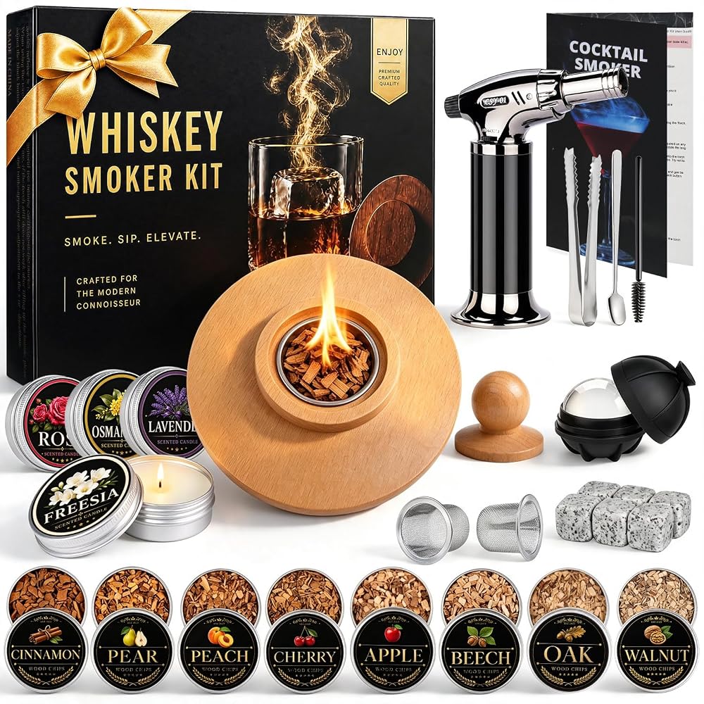 Whiskey Smoker Kit with Torch, 8 Wood Chips, 6 Ice Stones,4 Scented Candles