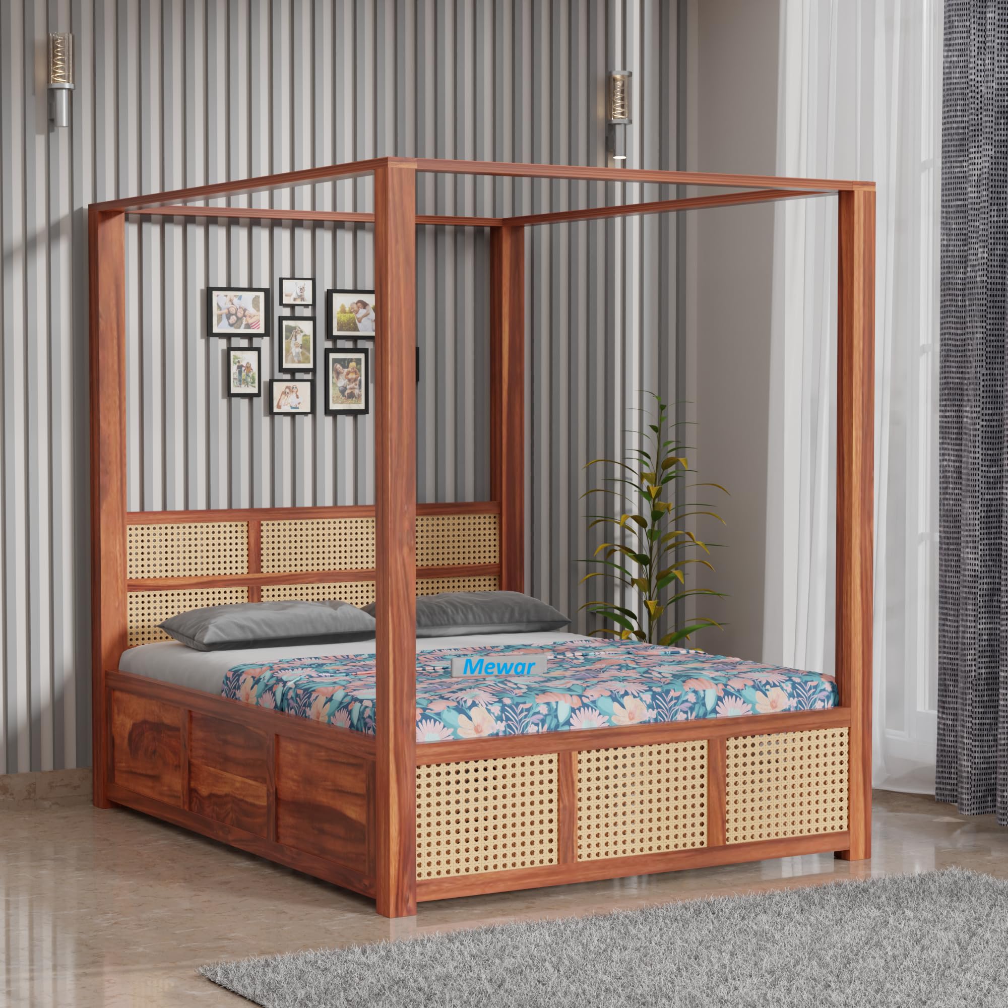 Mewar Furniture Solid Sheesham Wood 6x4 fit Size Poster Bed with Storage | Wooden Double Bed Furniture for Bedroom, Living Room, Home and Hotel (Natural Finish)-image-4