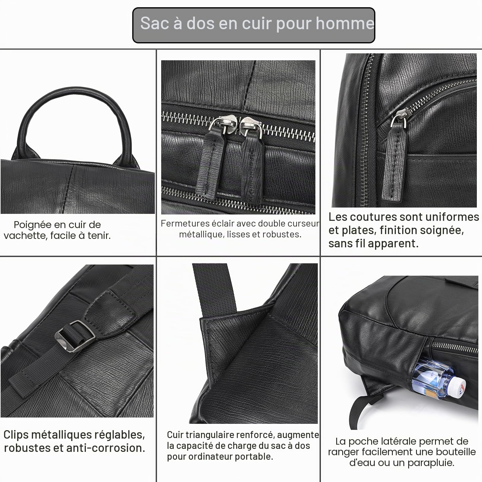 LUUFAN Sac à dos en cuir véritable pour homme, sac à bandoulière décontracté multi-poches, sac de jour pour ordinateur portable 15,6 pouces pour voyage, affaires, randonnée, taille unique
