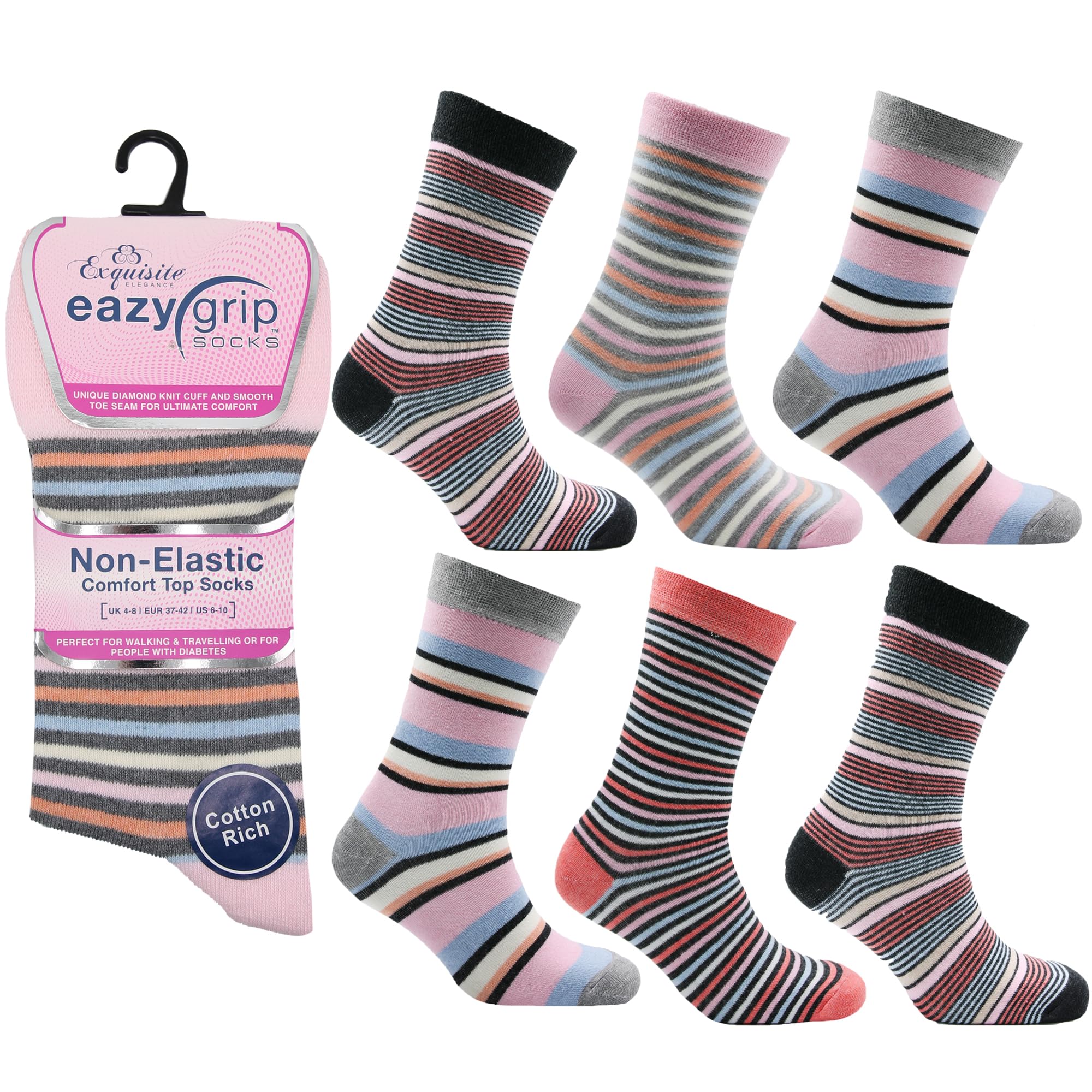 Eazy Grip Socks 6 Pairs Ladies Non-Elastic – Cotton Rich Comfort Fit, Soft Top Socks for Circulation Support – UK Size 4-8, Assorted Stripes