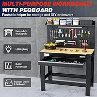 Vista 3 de WORKPRO Banco de trabajo de garaje de 45 pulgadas con almacenamiento, banco de trabajo resistente con tablero de clavijas, tomas de corriente y luz