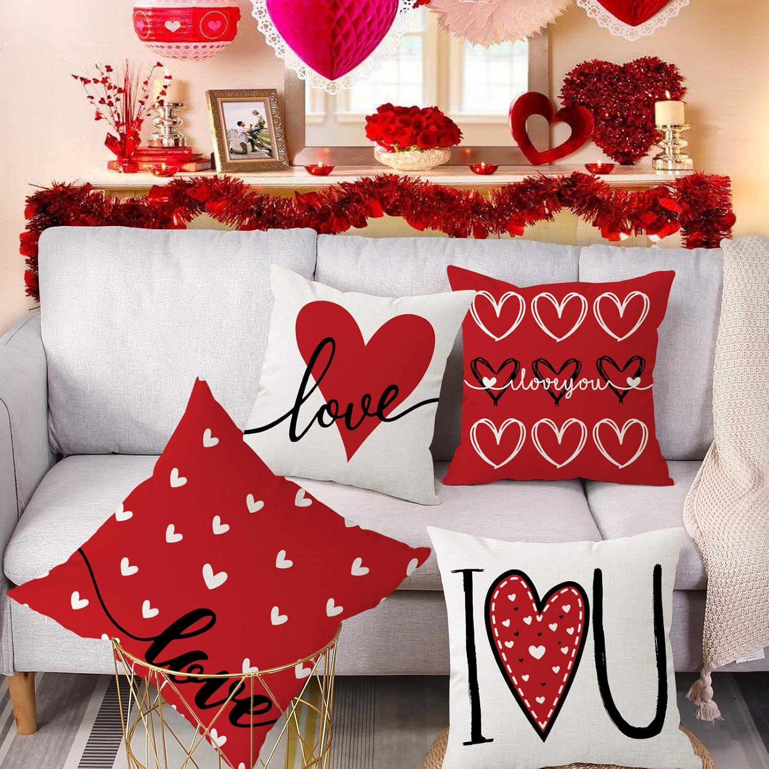 Coeufuedy Valentine's Day Pillow Covers 18x18 Set of 4 Love Heart I Love You Anniversary Wedding Decoration Cushion Covers for Sofa Couch - Image 2
