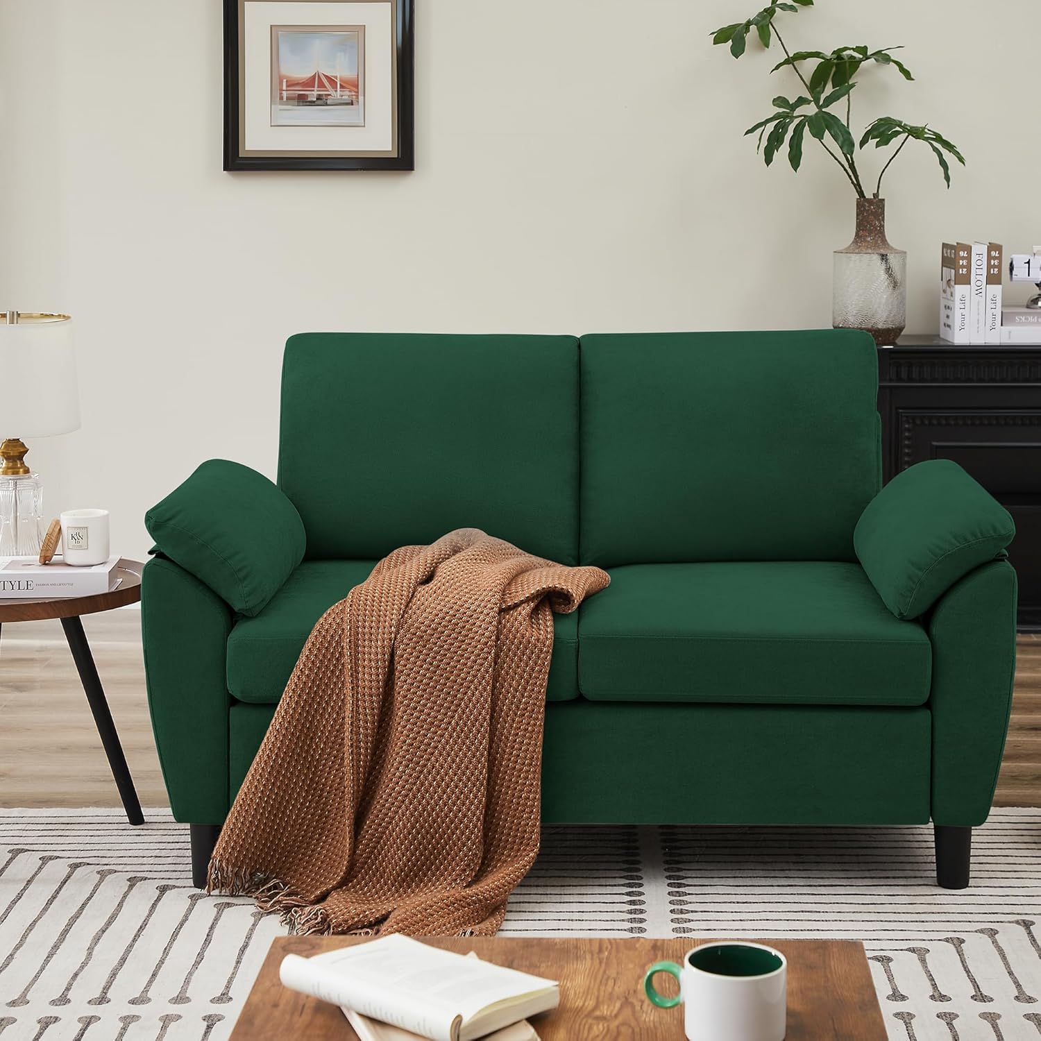 Loveseat Sofa, 57" Love Seat, Comfy Small Loveseat, Small Couch for Bedroom, Linen Fabric Couches for Living Room, Bedroom, Green