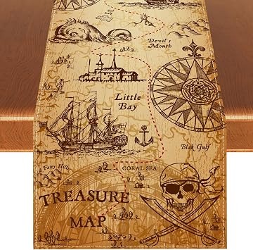 Rvsticty Linen Pirate Party Table Runner Pirate Party Tablecloth Indiana Jones Party Decor Pirate Treasure Table Covers Pirate Party Decorations and Supplies for Home Party-1372