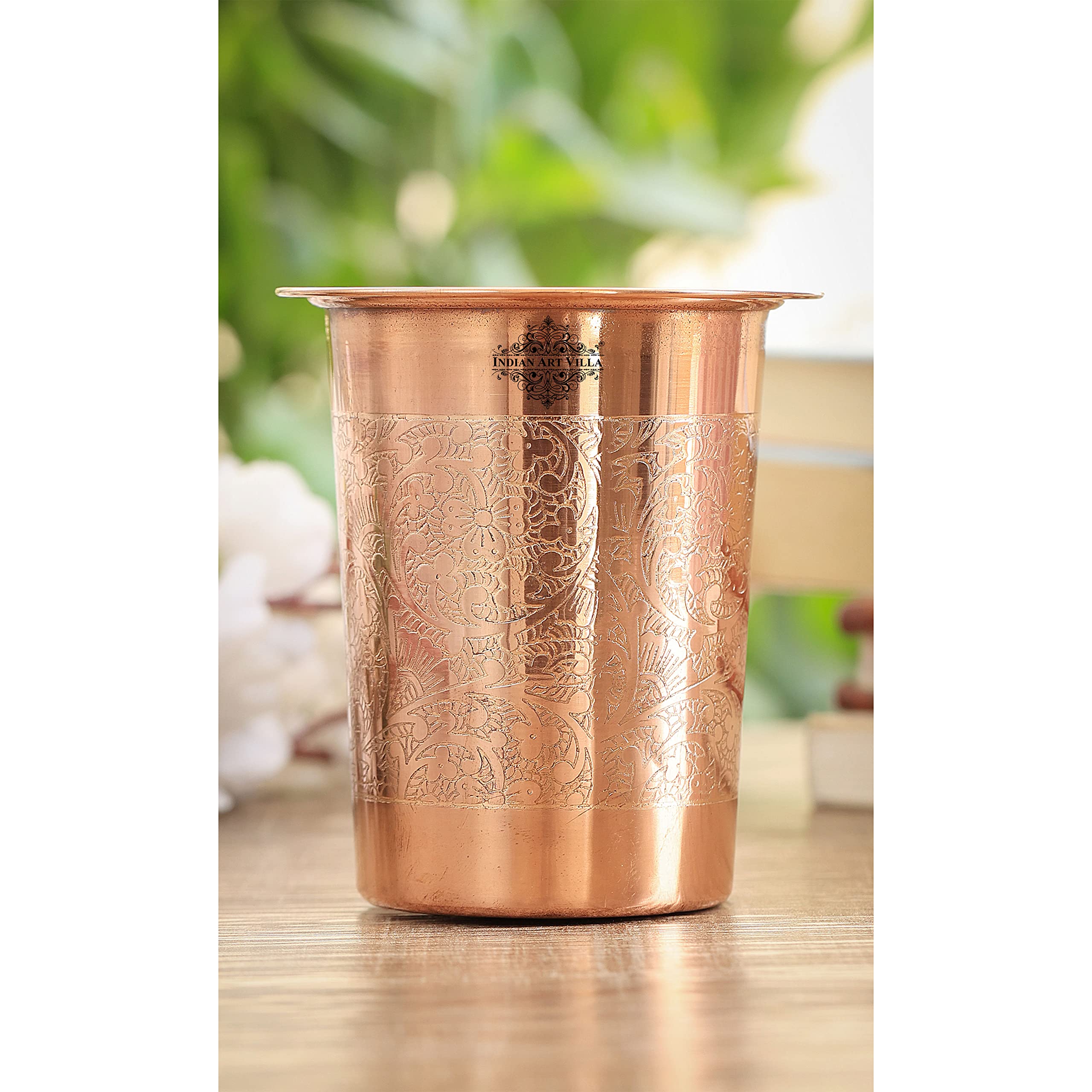 Indian Art Villa Copper Glass Tumbler Cup with Lid, Embossed Design, Drinkware, 10 OZ Each, Set of 2