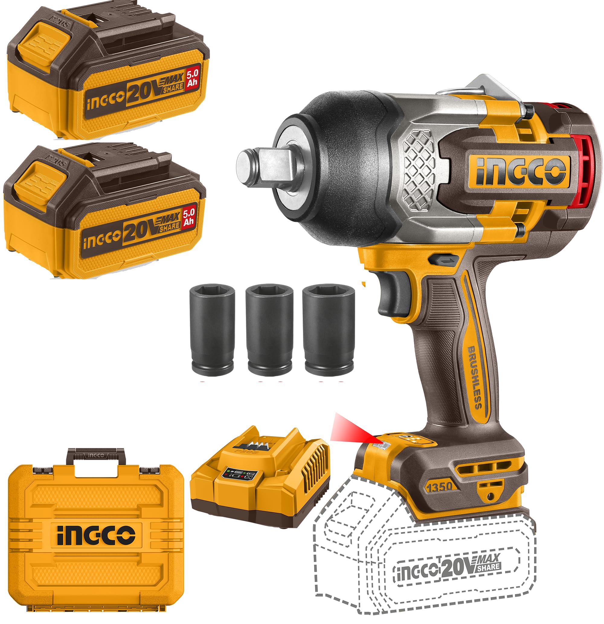 ingco cordless impact wrench, brushless motor, 3/4", 1350nm, integrated work light