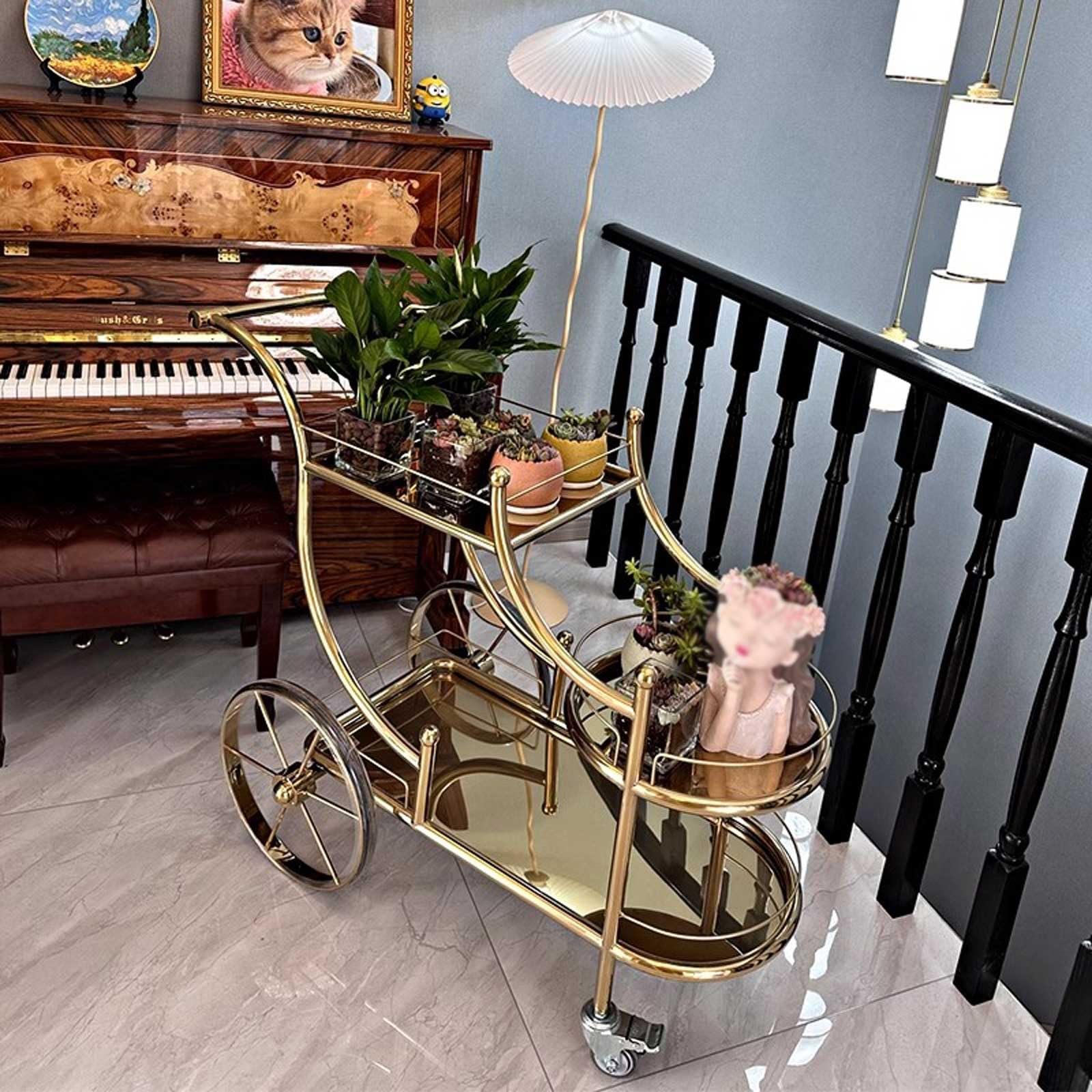 Carrello Multiuso da Cucina Carrelli Bar di Lusso a 3 Livelli Color Oro su Ruote Mute for Cucina, Sala da Pranzo, Soggiorno e Feste, in Acciaio Inossidabile Carrello di Servizio