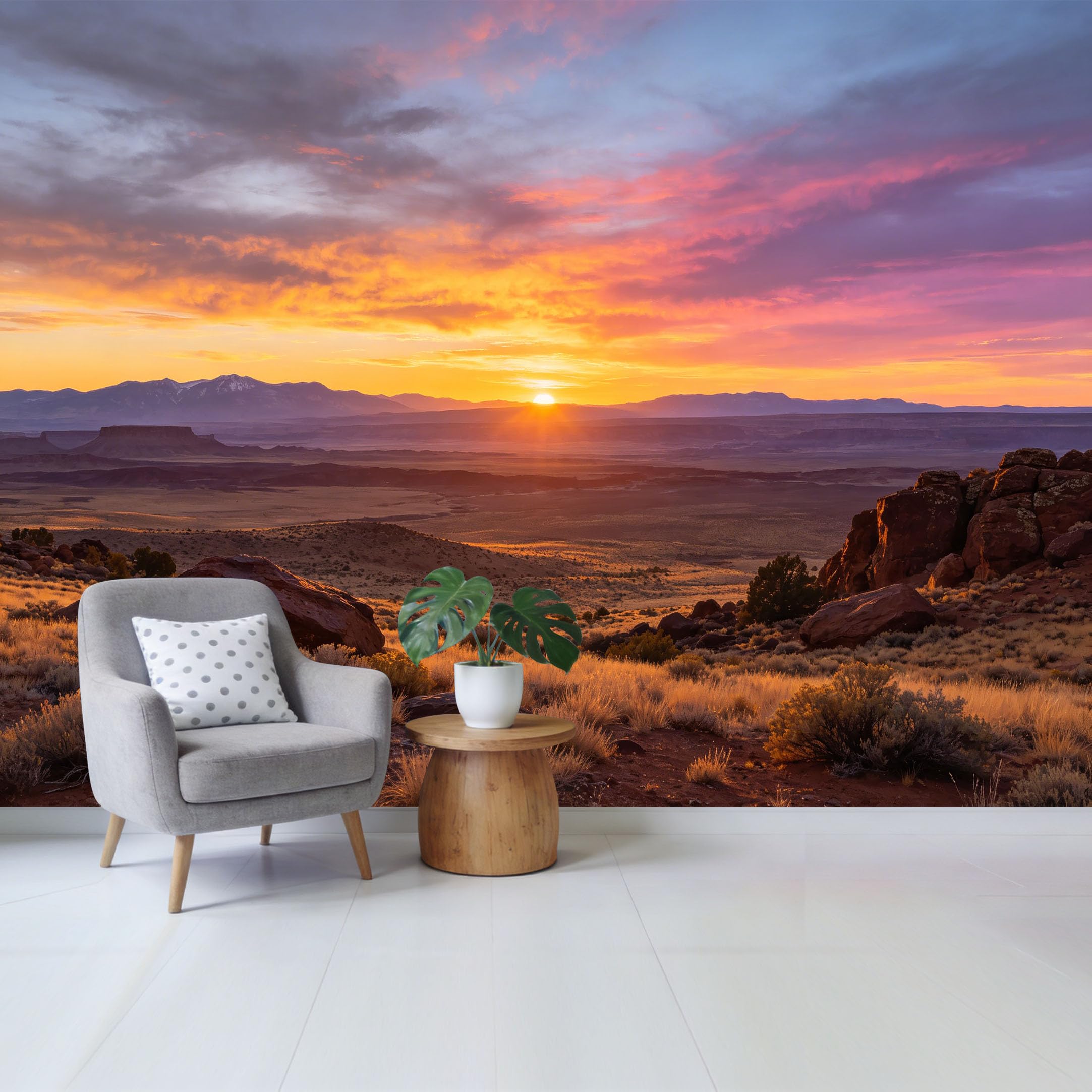 Custom Size Wall Mural Golden Sunset Desert Mountain Landscape Removable Self Adhesive Fabric， Home Wall Decor for Living Room Bedroom Bathroom Contemporary Modern Scenic Art