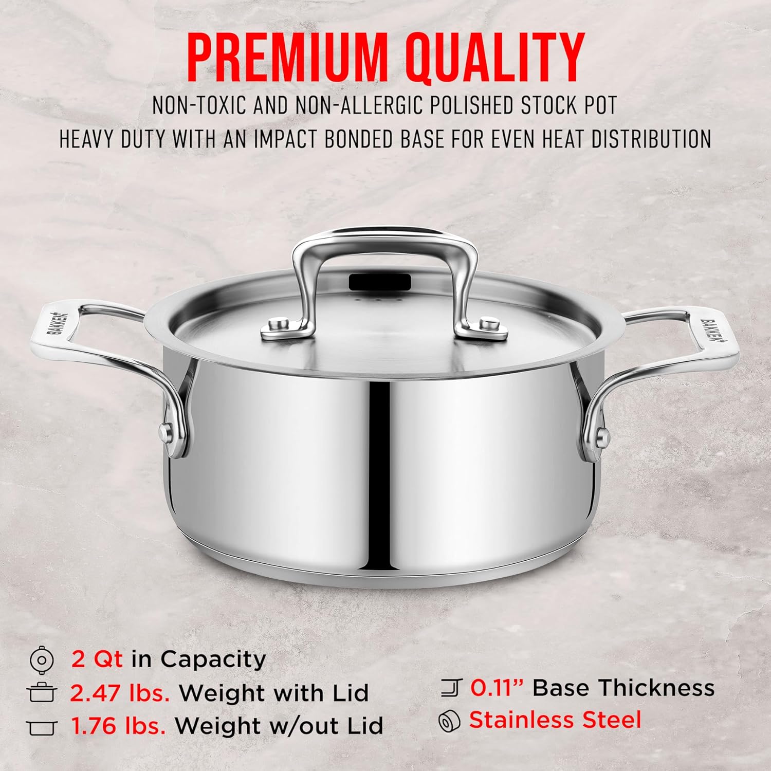 Stainless Steel Stockpot with Lid 2 Quart, Durable 18/8 Stainless Steel, Impact-Bonded Base for Even Heating, Riveted Handles, Oven & All Stove Compatible, Safe Up To 500°F (260°C) - Image 6