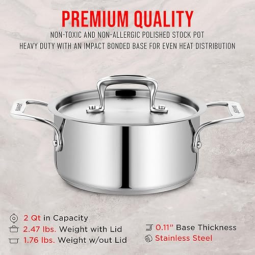 Miniatura 6 de BAKKEN - Olla de 2 cuartos de galón - Acero inoxidable cepillado - Olla de inducción resistente con tapa y asas remachadas - Para sopa, mariscos,