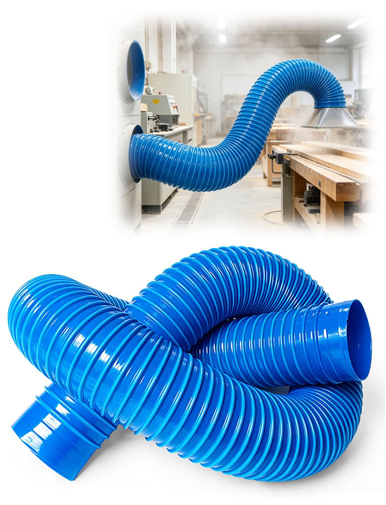 Tubo flex PVC ind. azul, espiral reforzada p/polvo, vent. & drenaje | Manguera PVC Reforzada, -40~80°C, Interior Liso con Acero Revestido, Madera, Drenaje y Residuos(ID 11cm-13.1 ft)