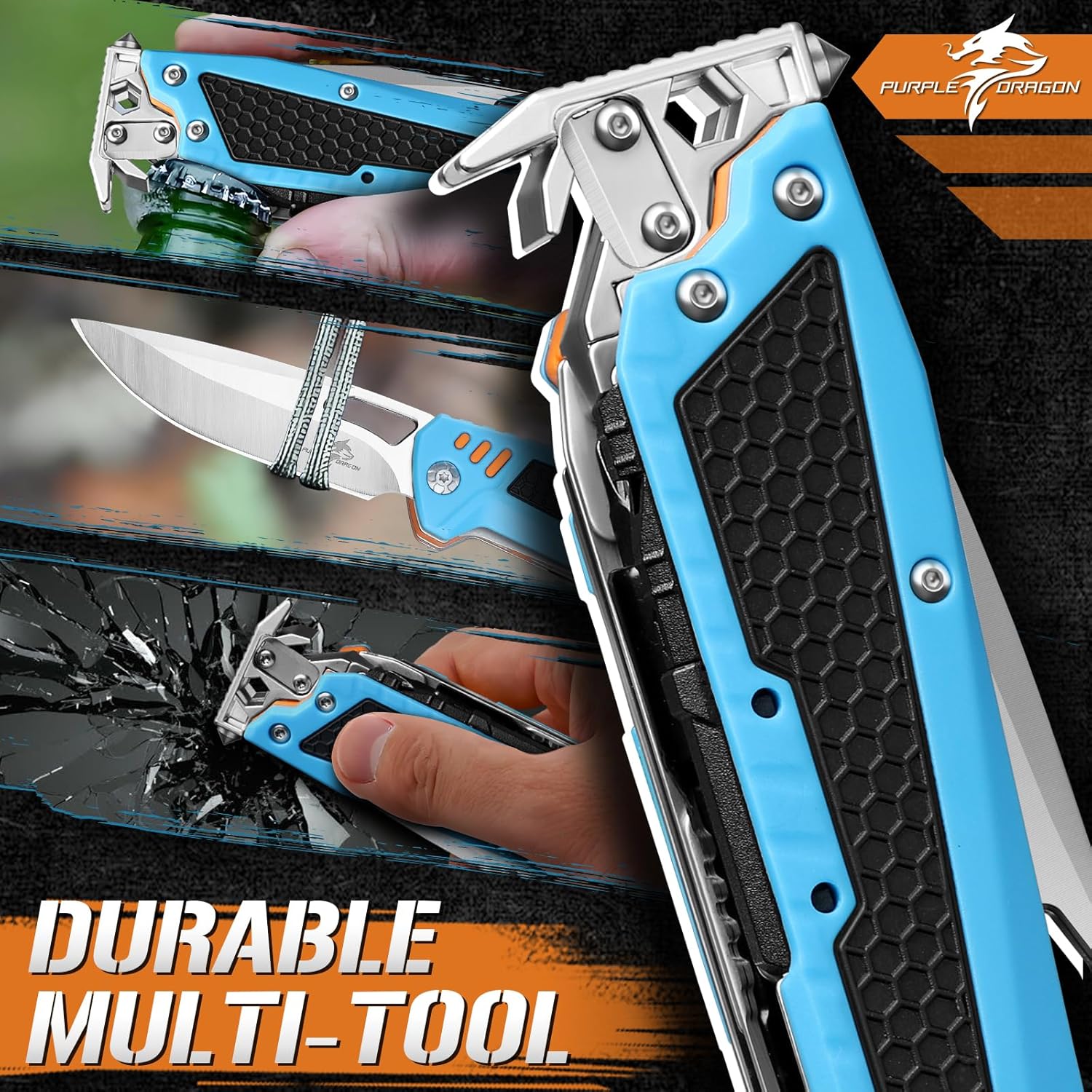 Purple Dragon Multitool,13-in-1 Pocket Knife with Sheath,Perfect for Camping, Hiking & Outdoor Use, Gift for Men Dad Husband– Blue