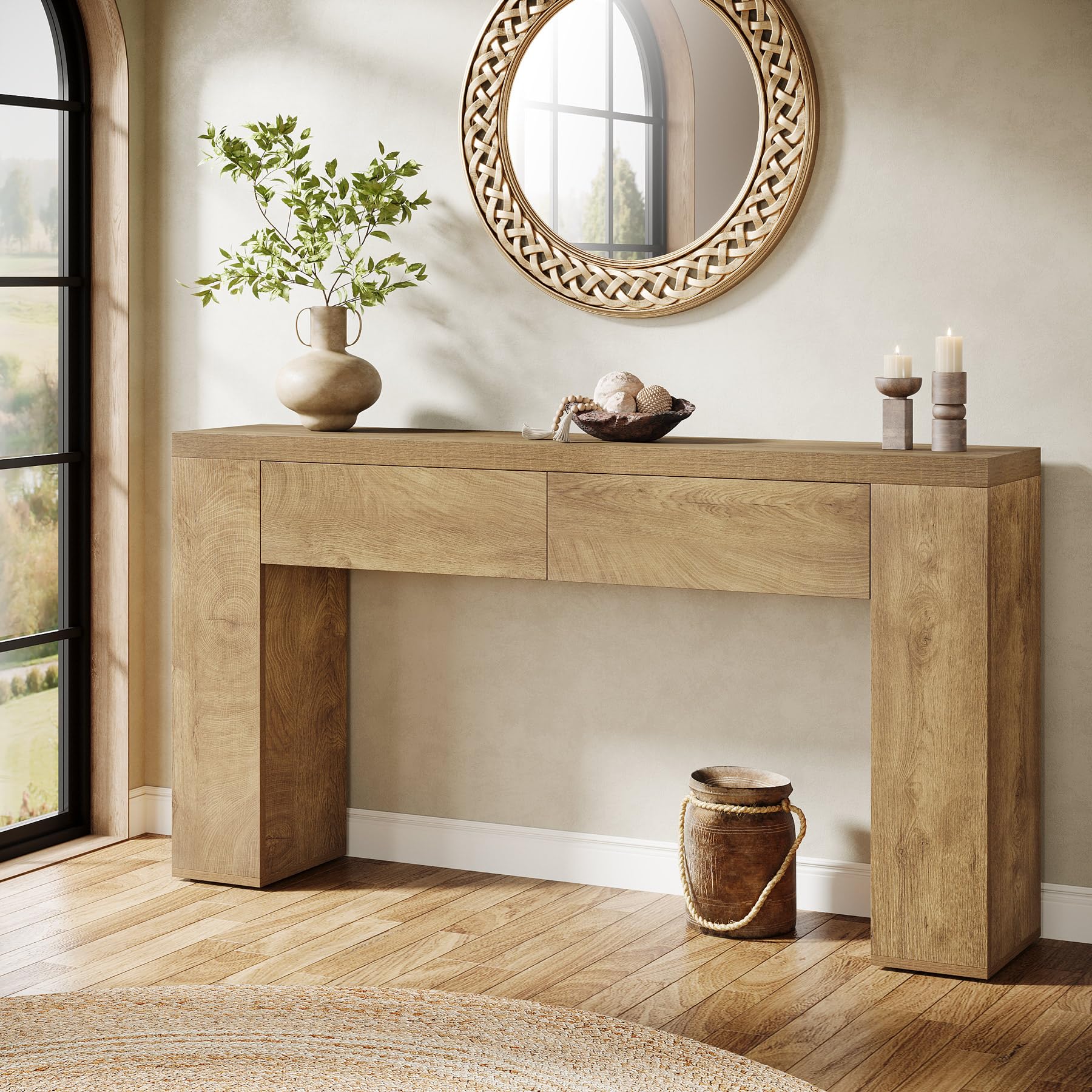 Tribesigns Tavolo consolle da 160 cm con 2 cassetti, tavolino da corridoio sottile con vano portaoggetti, moderno in legno dietro il divano, stile rustico, per corridoio, soggiorno, corridoio
