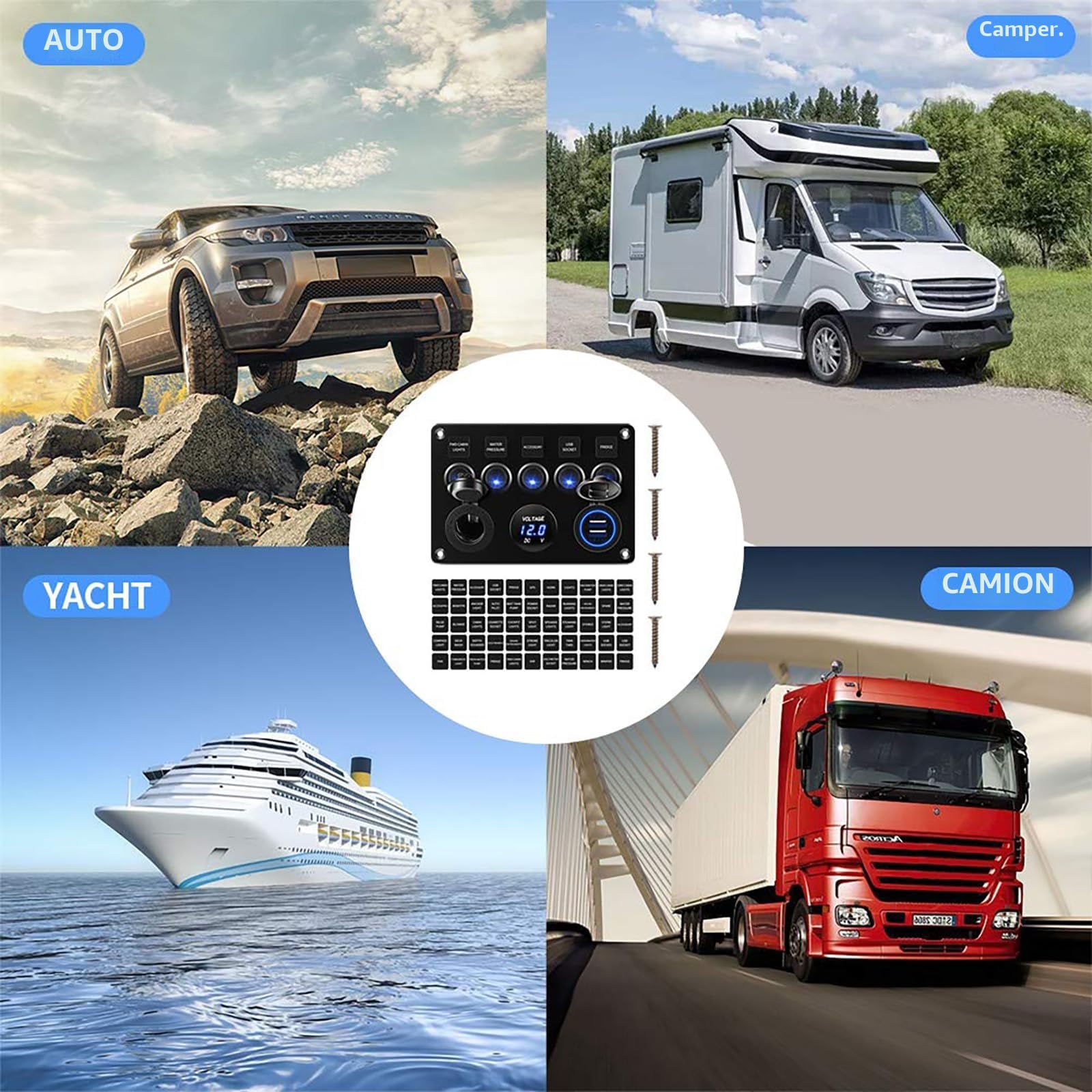 KAOLALI Pannello Interruttori Barca 5 interruttori, Pannello Barca Auto IP65 Impermeabile Dual USB Caricatore Presa Accendisigari 12V/24V LED Pannello Interruttori per Camper Barca RV Auto Camion(Blu)