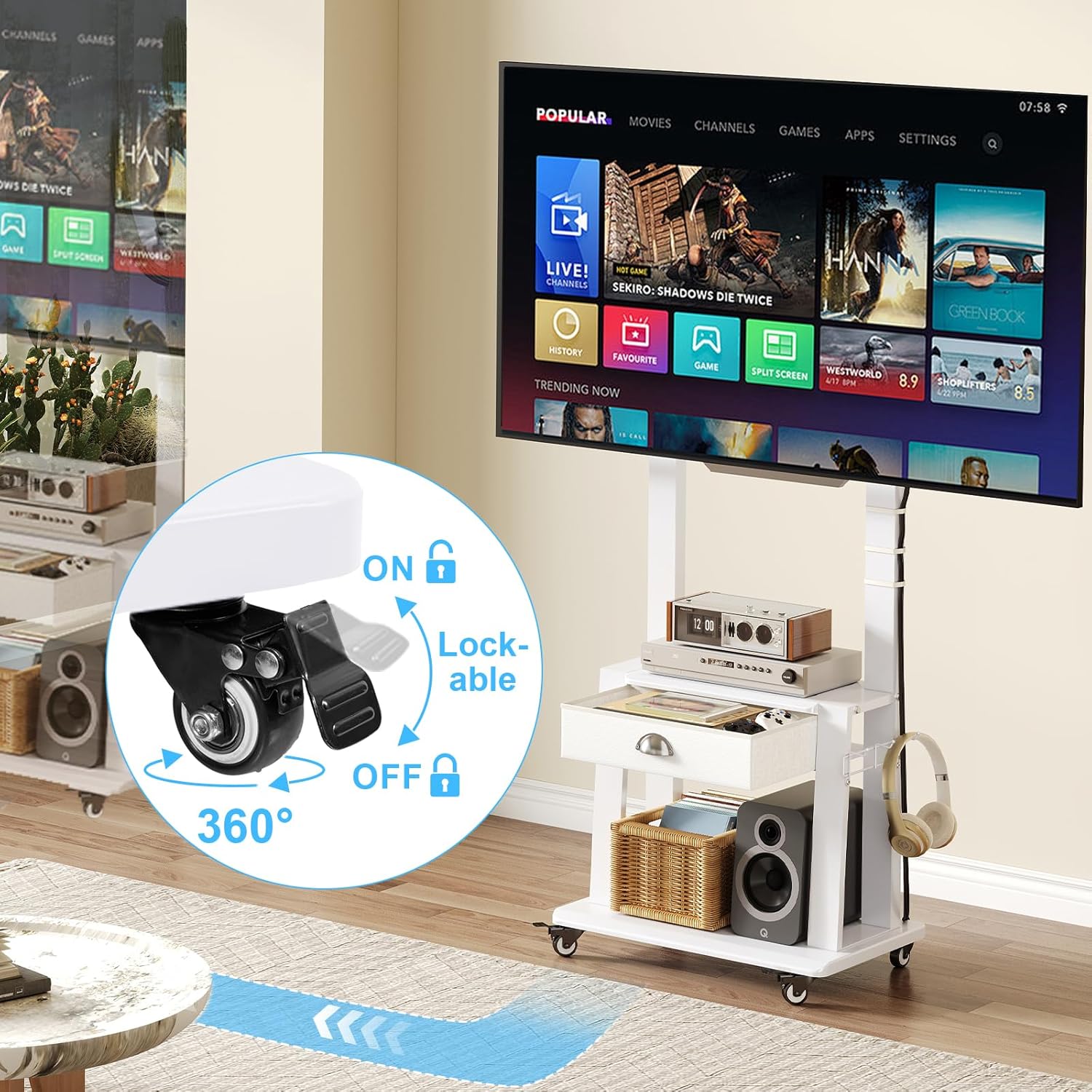 Mobile TV Stand with Drawer for 23-75 inch Flat/Curved Screen,Tilt Rolling TV Cart on Wheels with 2 Shelves,Adijustable Height TV Stand Holds up to 120lbs for Indoor Outdoor,Max VESA 600x400mm,White