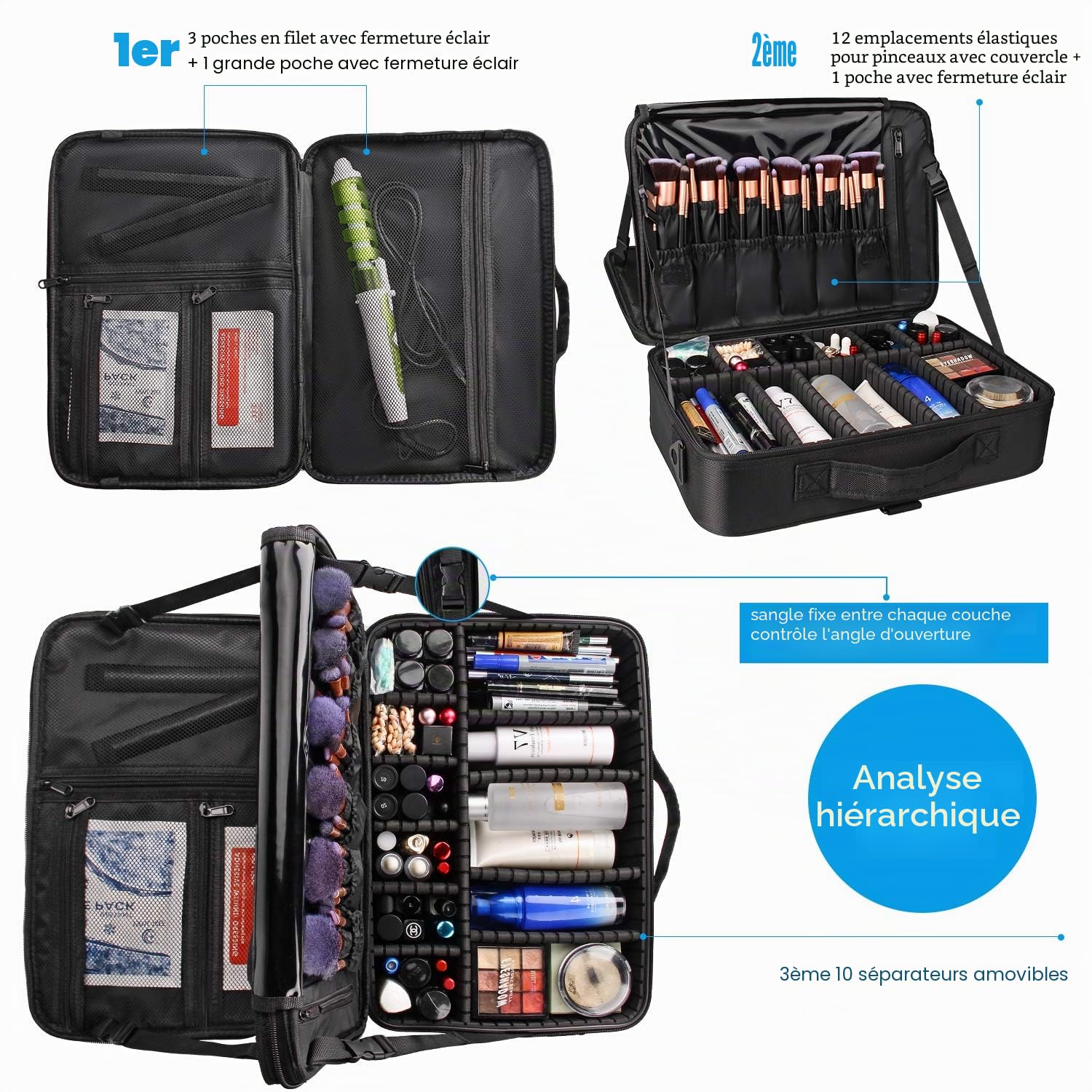Relavel Trousse de Maquillage Professionnelle pour pinceaux de Maquillage et Rangement de 41,9 cm - 3 Couches - Grande capacité avec Sangle réglable