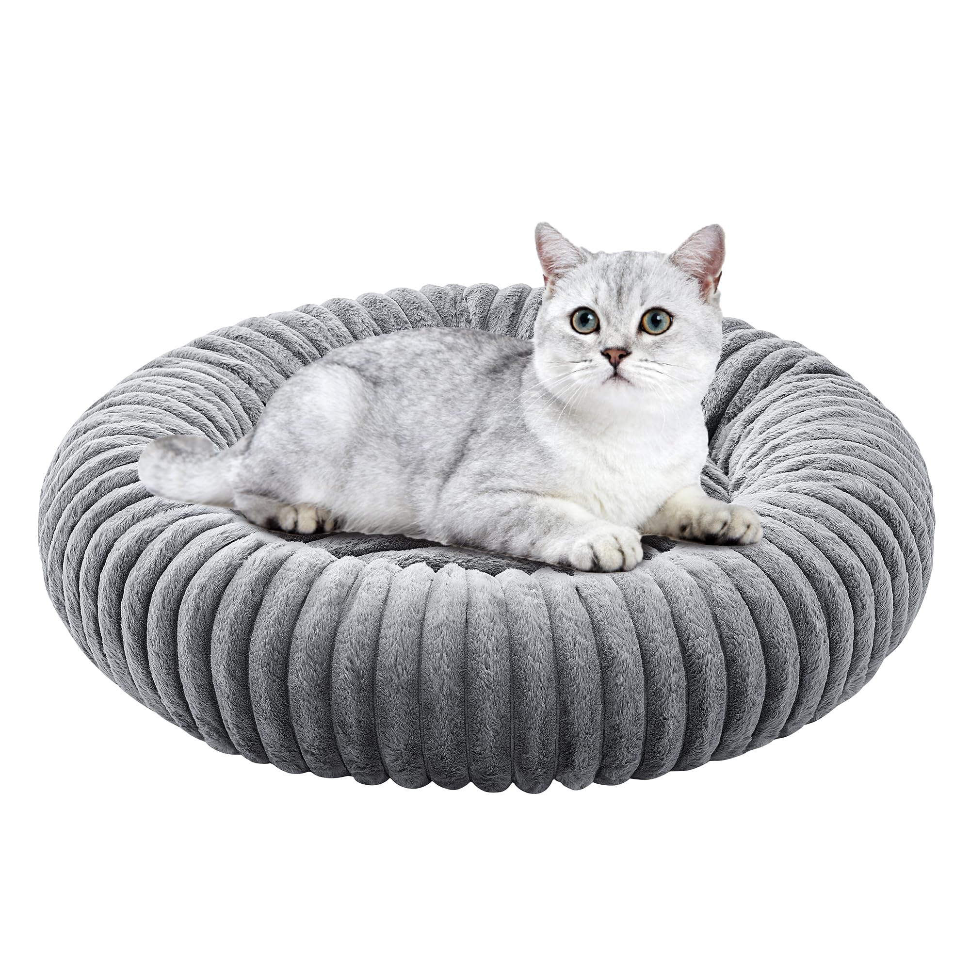 Oveppy Donut Small Dog Bed, Roud Cute Cat Beds for Small Dogs with Corduroy Fleece, Faux Fur Pet Beds with Washable Removable Cover, Grey, 23x23x7 inches