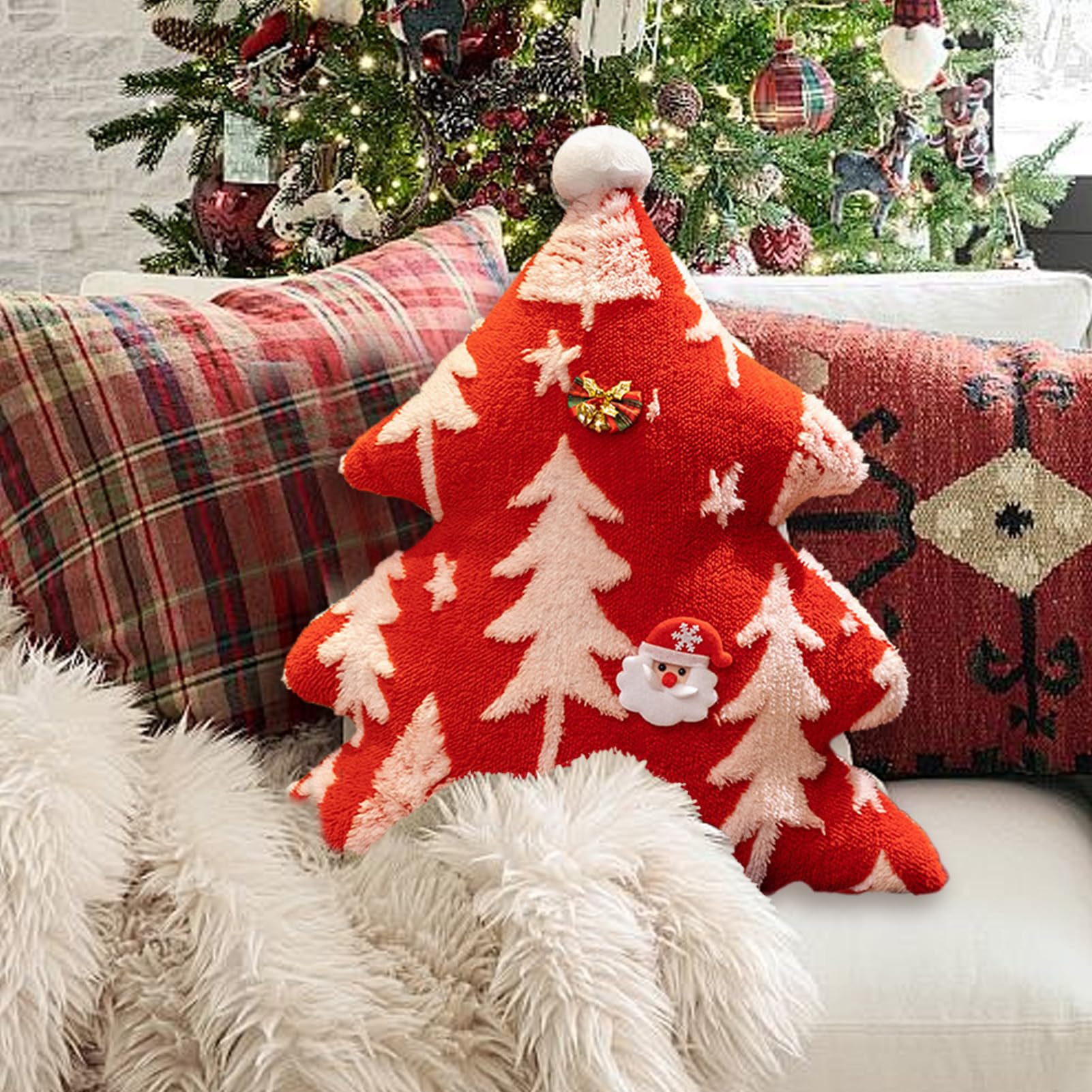Cuscini Natalizi Cuscini In Peluche Con Silhouette Di Albero | Morbido Cuscino Decorazione Boho Per Camera Salotto Divano Interni Casa Decorazione Interna per Divano