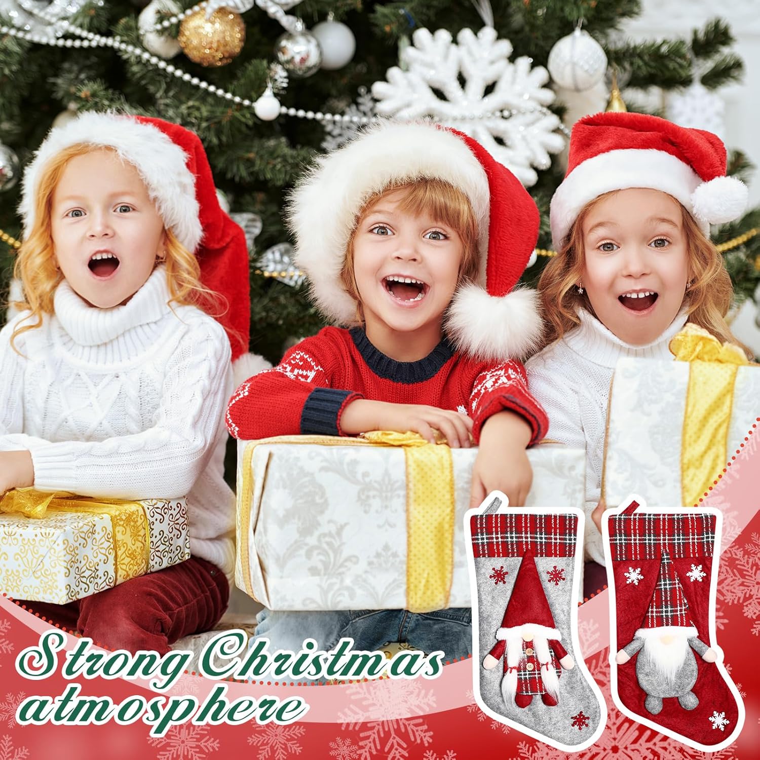 Lyrow 4 Pcs Christmas Stockings Gnome Set 18.5 Inch Christmas 3D Gnome Couple Buffalo Plaid Stockings Large Soft Checkered Hanging Xmas Decorations for Xmas Fireplace Family Holiday Party Supplies