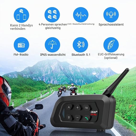 EJEAS V4C Motorcycle Bluetooth Intercom Headset Waterproof Communication System for 4 People within Range of 1500 m Motorcycle Helmet Intercom Compatible with EUC Remote Control USB-C (2 Pieces)