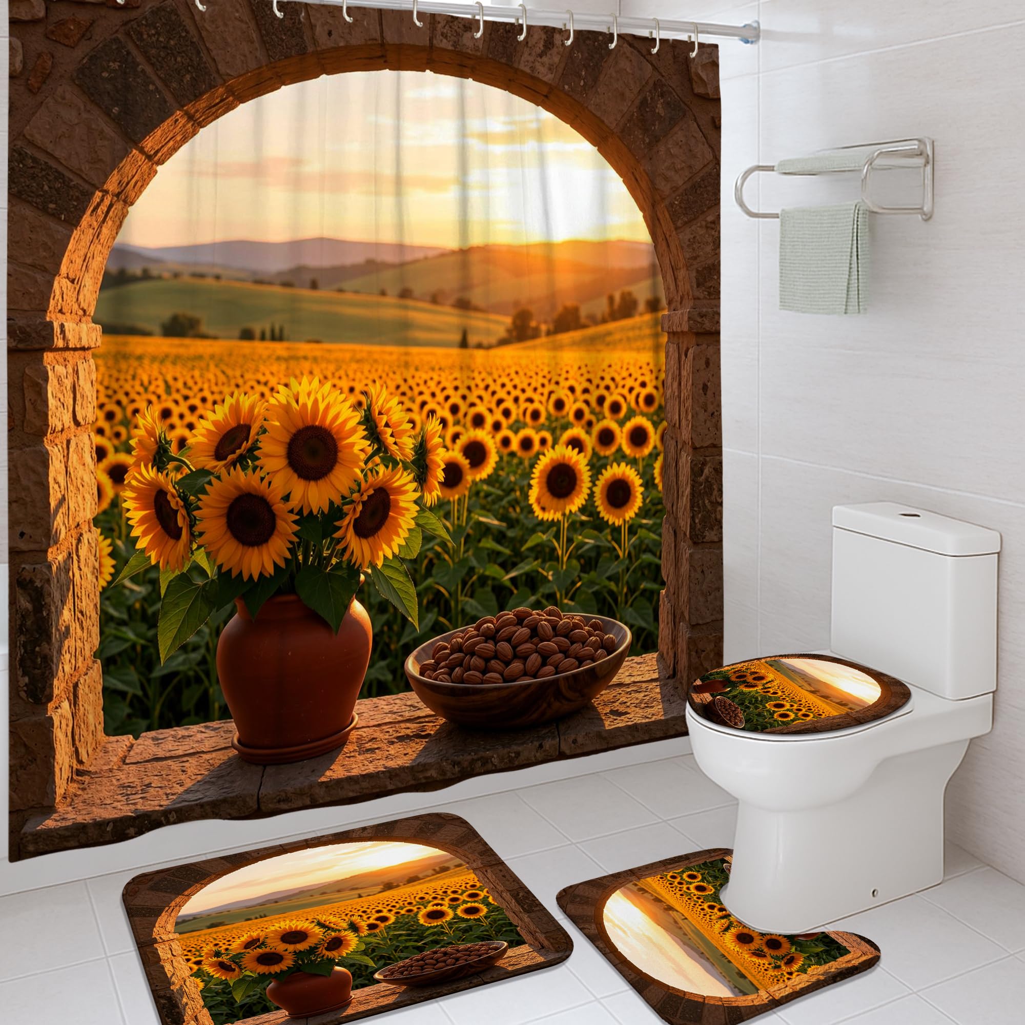 Ensemble rideau de douche polyester tournesol et tapis pour décoration de salle de bain