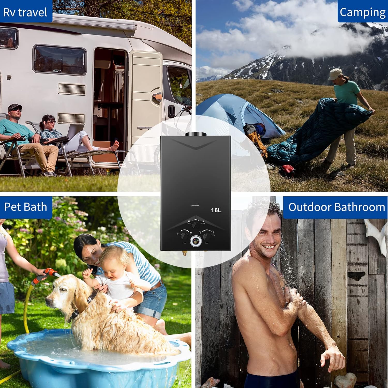 Tankless Water Heater 4.21GPM 16L Outdoor Portable GasHot Water Heater Instant Propane Water Heater with Digital Display Multi-Protection for Camping Trips Boat Cabins - - 