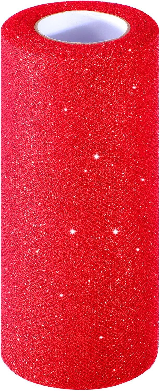 Sparkling Tulle Ribbon Roll Glitter Tulle Spool, 6 Inches by 25 Yards for Christmas Wedding Gift Wrapping Tutu Skirt, Party Decoration (Red)