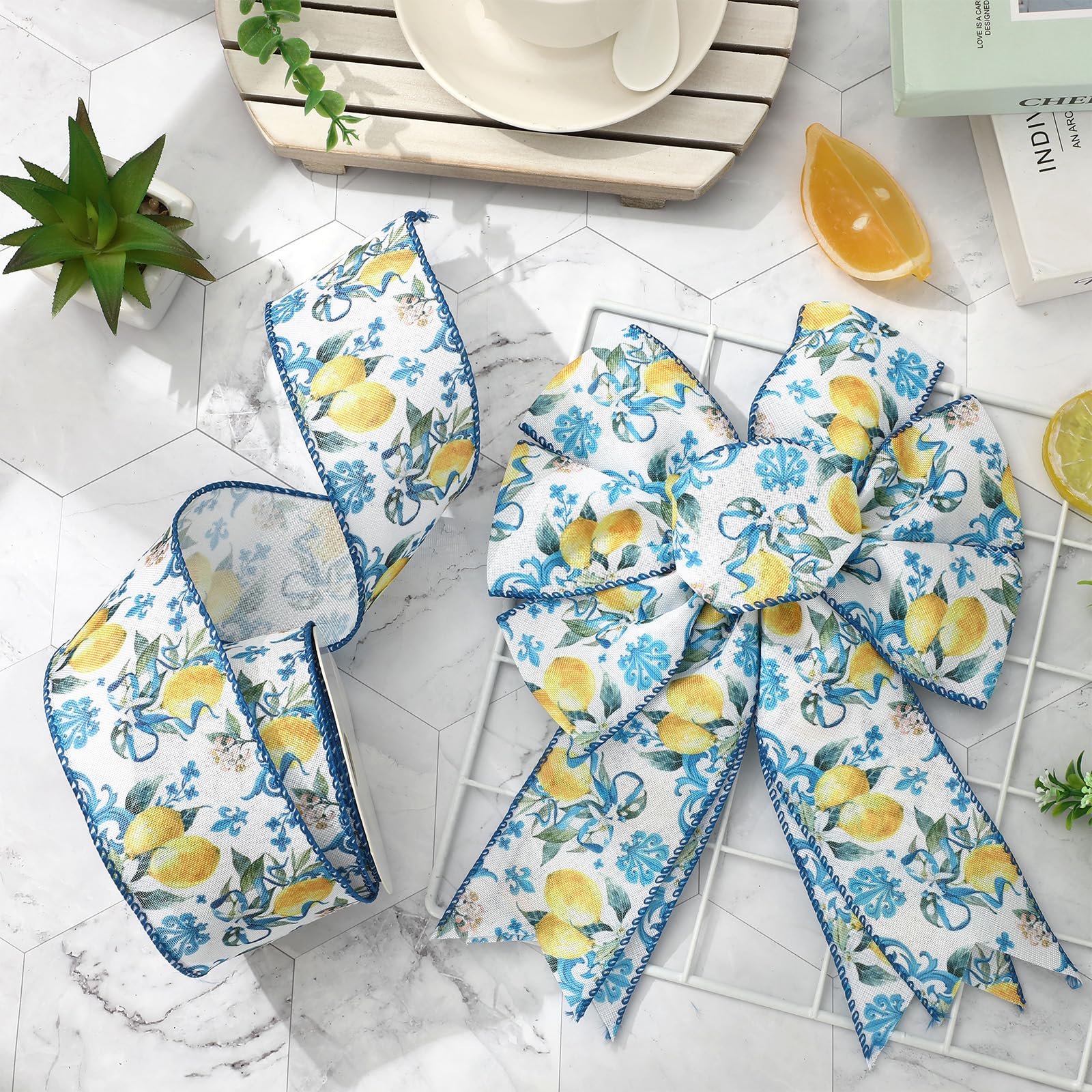 JarThenaAMCS Cinta con borde de alambre de limón amarillo y azul, cinta de tela para primavera y verano, cinta de manualidades para cumpleaños, boda, manualidades, coronas, lazos, 12 yardas