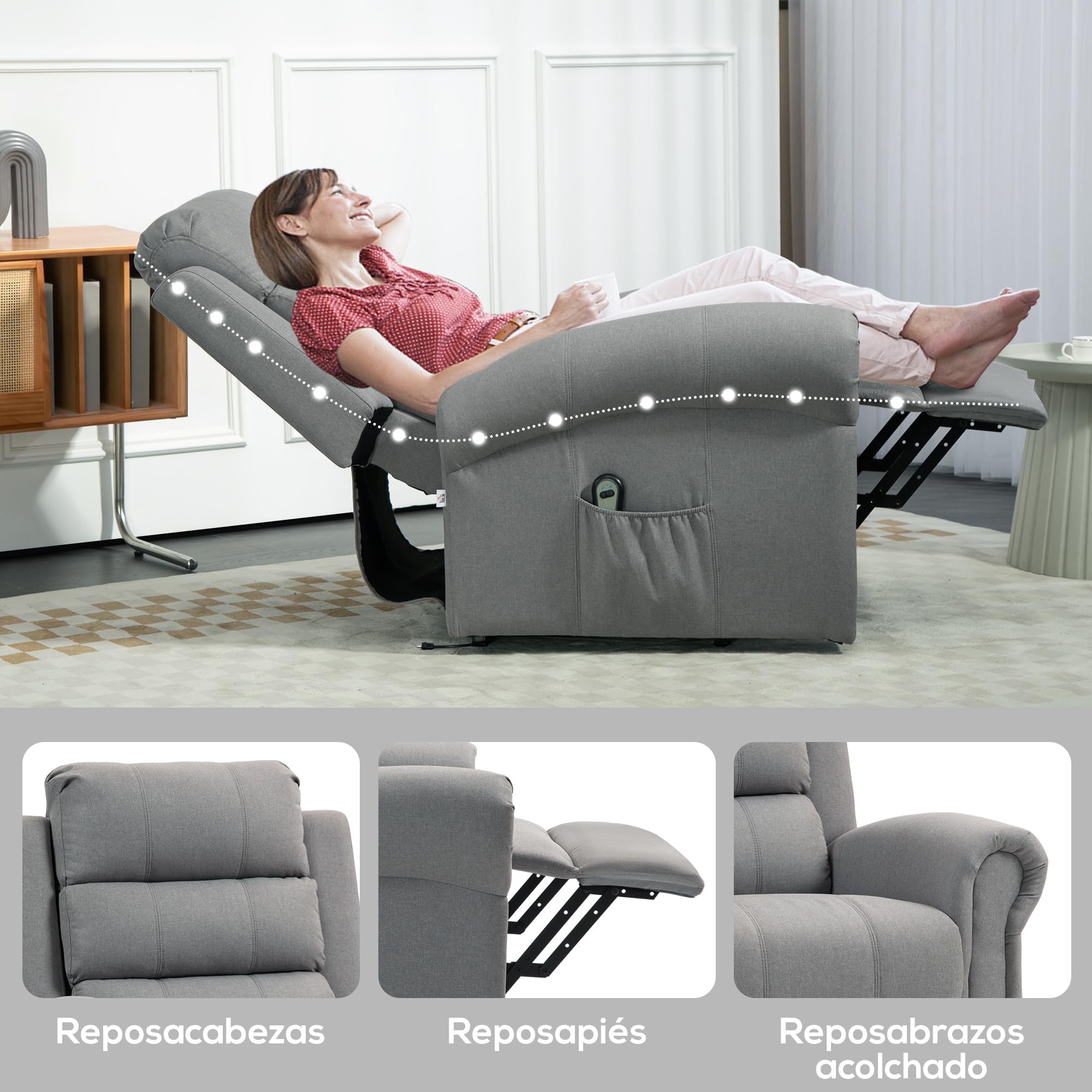 HOMCOM Sillón Relax Reclinable Eléctrico Levanta Personas, con Masaje Vibratorio y Calor, Sillón Elevador, con Control Remoto, Reposapiés, Tapizado en Lino, Bolsillos Laterales, Gris