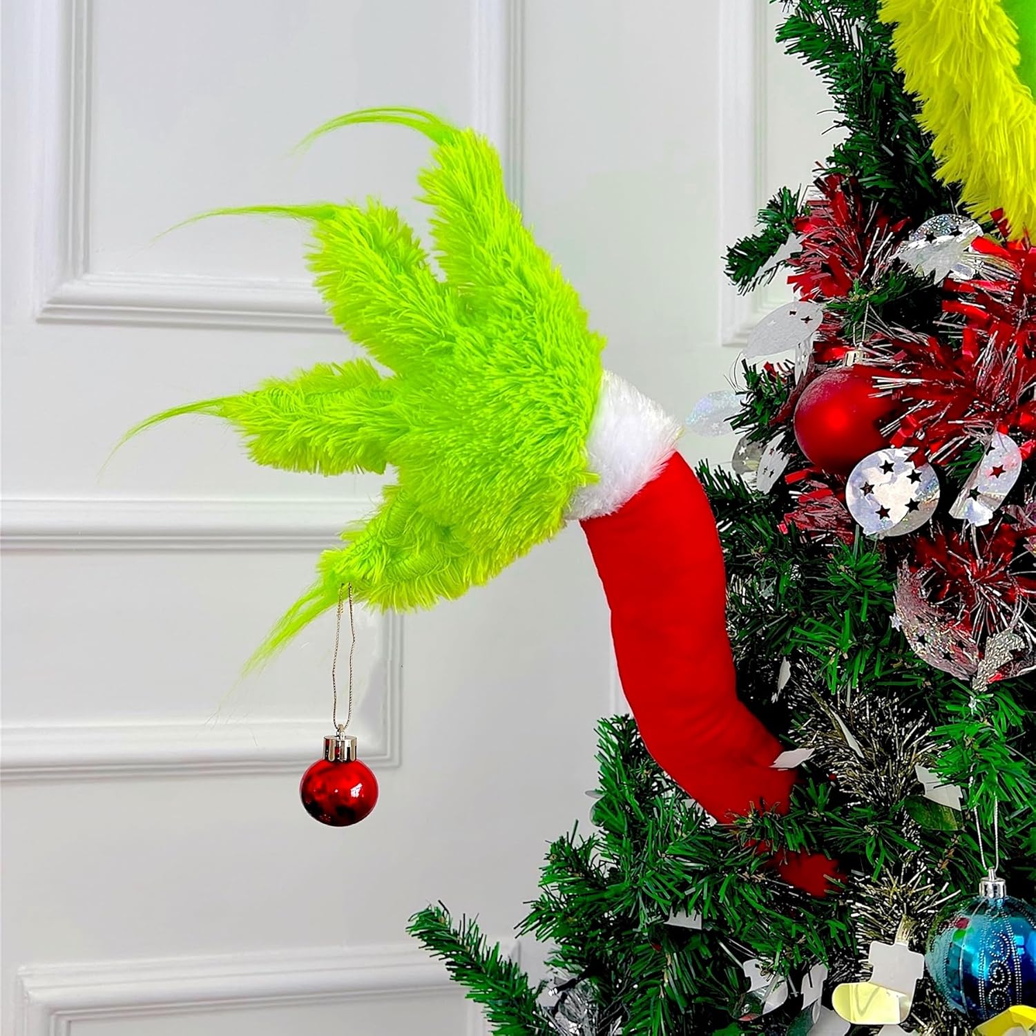 Christmas Elf Body Tree Decorations, Christmas Green Monster Stole Xmas Tree Topper, Pose-able Christmas Elf Stuffed Leg Arm and Head for Christmas Tree Hanging Ornament